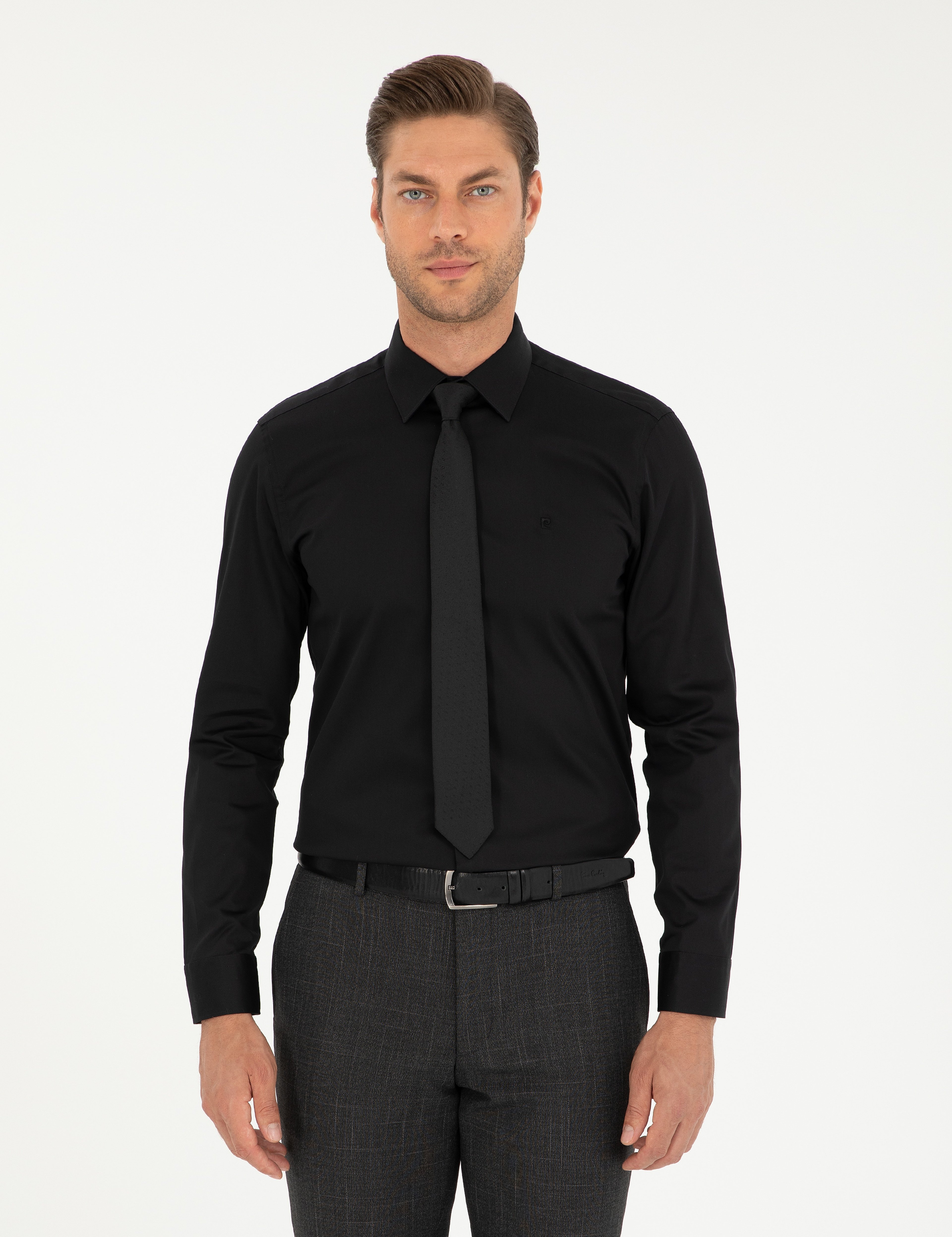 Siyah %100 Pamuk Parlak Saten Slim Fit Uzun Kollu Basic Gömlek - Image 1