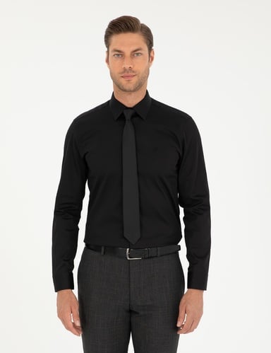 Siyah %100 Pamuk Parlak Saten Slim Fit Uzun Kollu Basic Gömlek