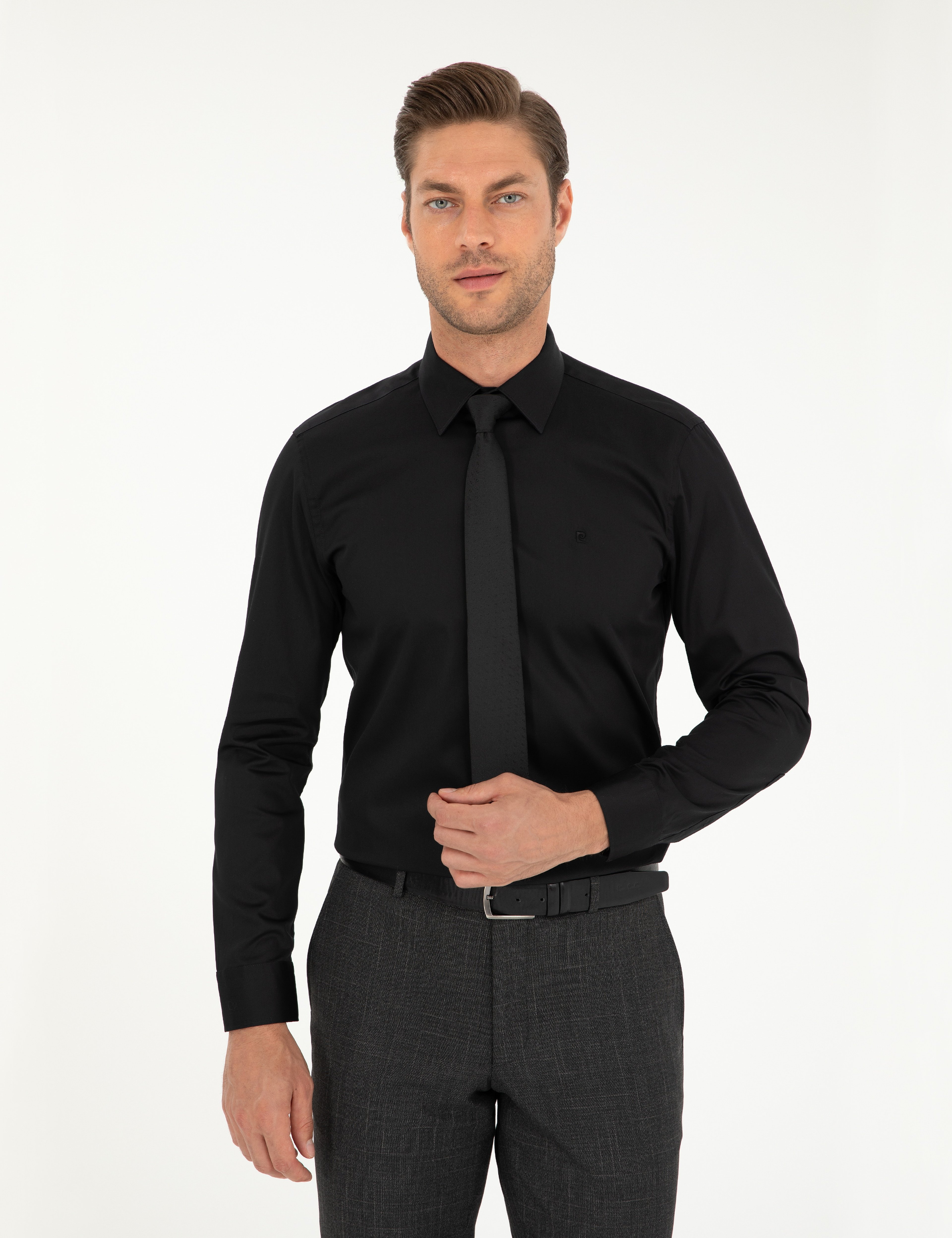 Siyah %100 Pamuk Parlak Saten Slim Fit Uzun Kollu Basic Gömlek - Image 3