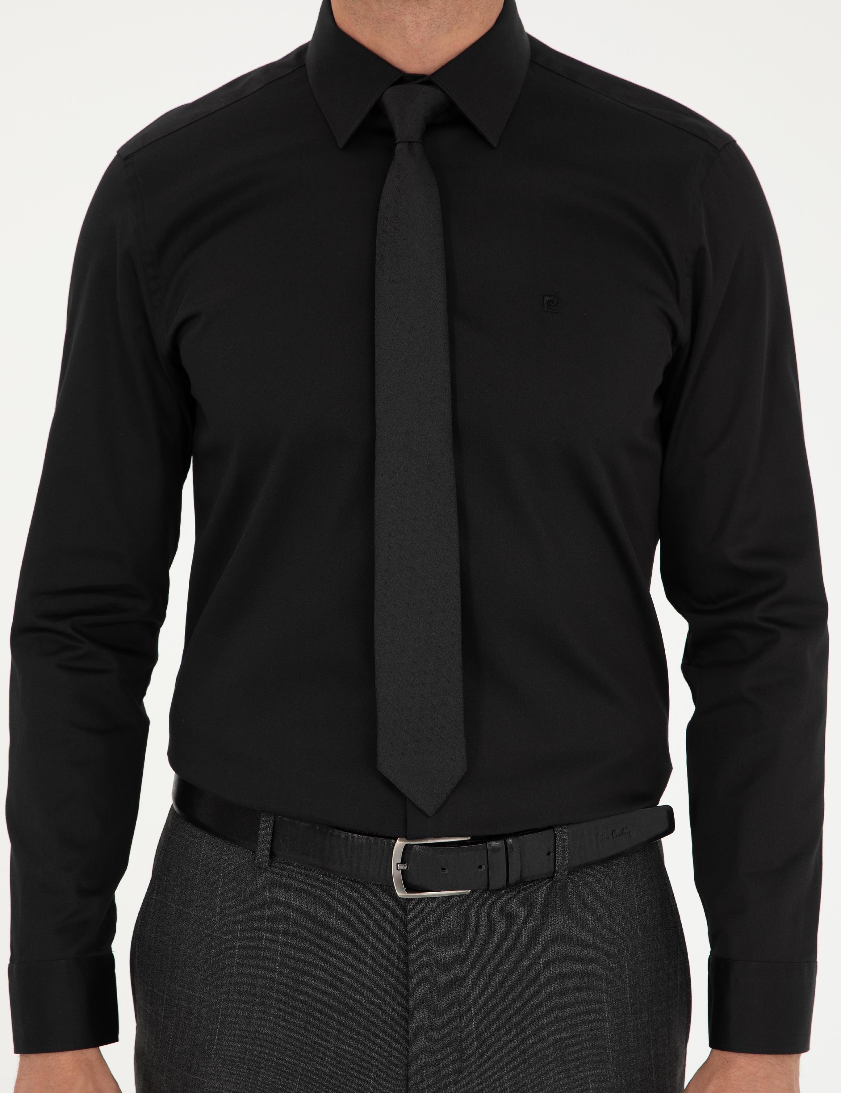 Siyah Parlak Saten Slim Fit Uzun Kollu Basic Gömlek