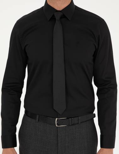 Siyah %100 Pamuk Parlak Saten Slim Fit Uzun Kollu Basic Gömlek