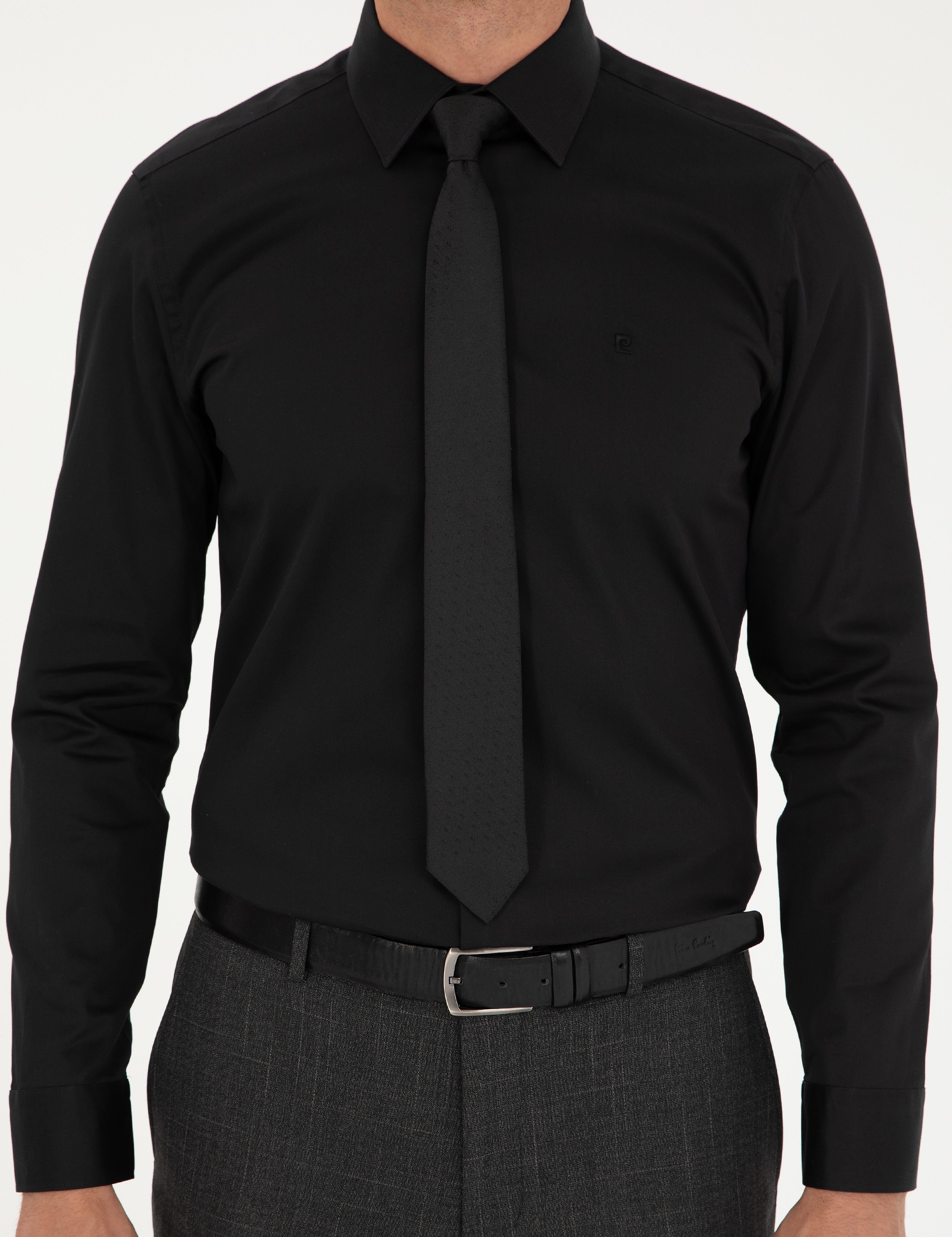 Siyah %100 Pamuk Parlak Saten Slim Fit Uzun Kollu Basic Gömlek - Image 6