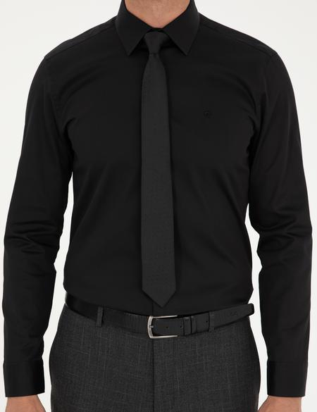 Siyah Parlak Saten Slim Fit Uzun Kollu Basic Gömlek - 50292520019
