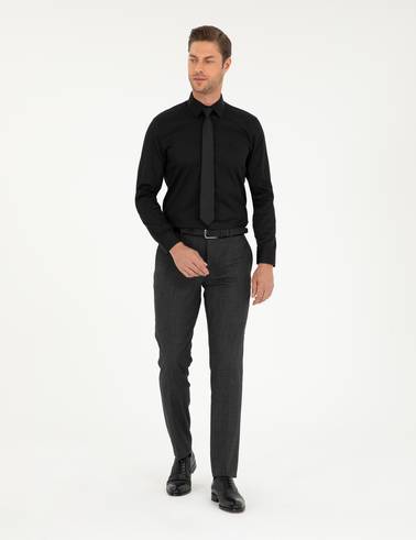 Siyah %100 Pamuk Parlak Saten Slim Fit Uzun Kollu Basic Gömlek