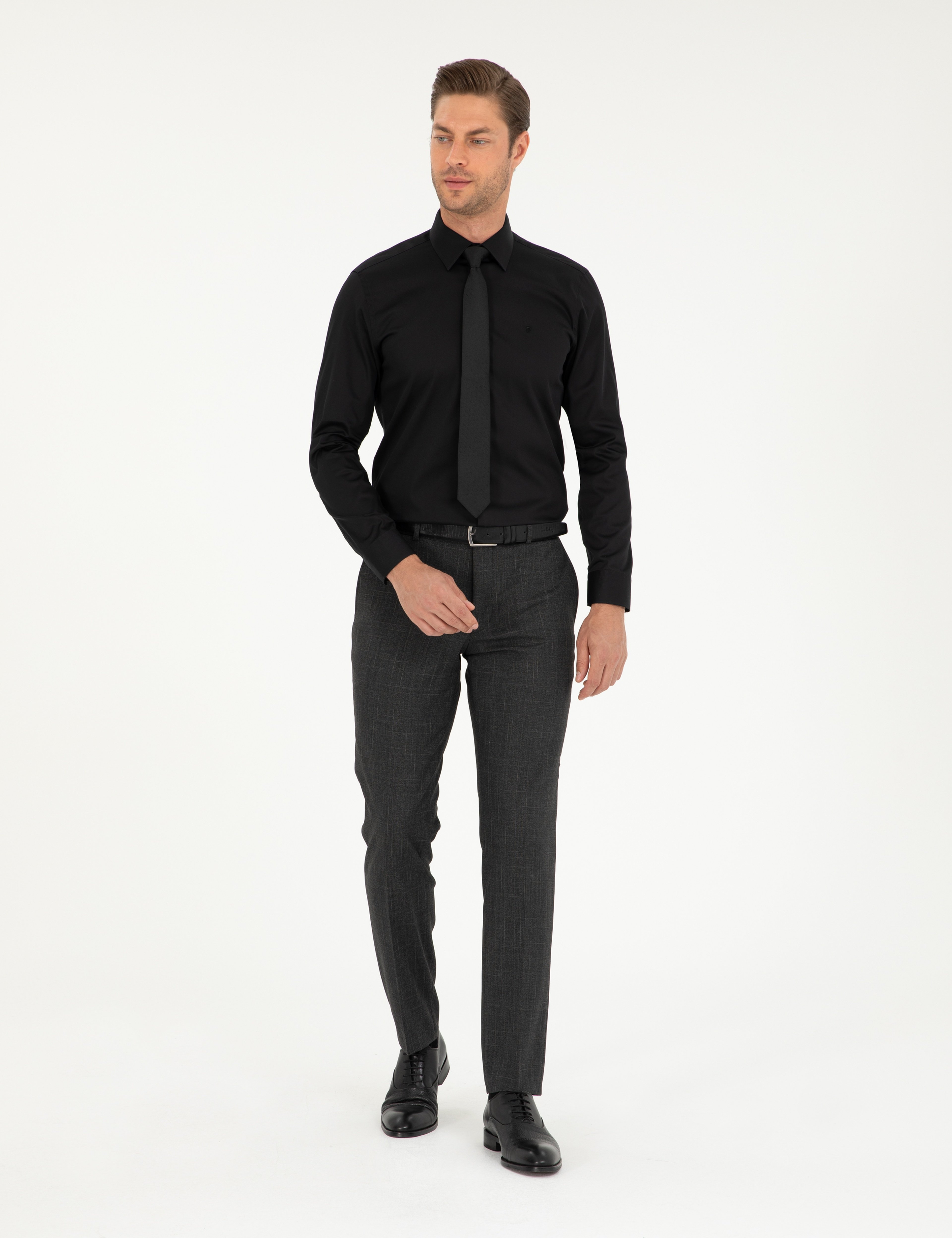 Siyah %100 Pamuk Parlak Saten Slim Fit Uzun Kollu Basic Gömlek