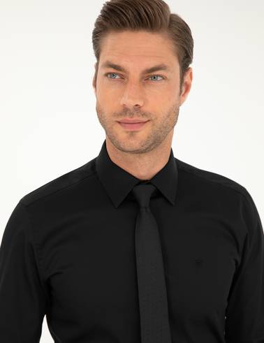 Siyah %100 Pamuk Parlak Saten Slim Fit Uzun Kollu Basic Gömlek