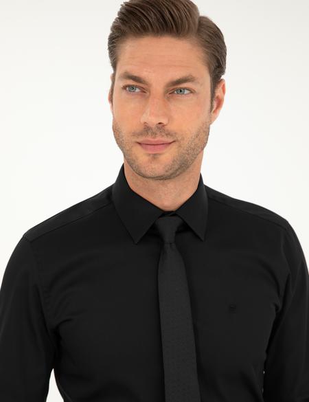 Siyah Parlak Saten Slim Fit Uzun Kollu Basic Gömlek - 50292520019