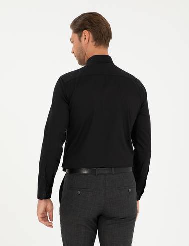 Siyah %100 Pamuk Parlak Saten Slim Fit Uzun Kollu Basic Gömlek