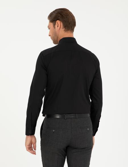 Siyah Parlak Saten Slim Fit Uzun Kollu Basic Gömlek - 50292520019