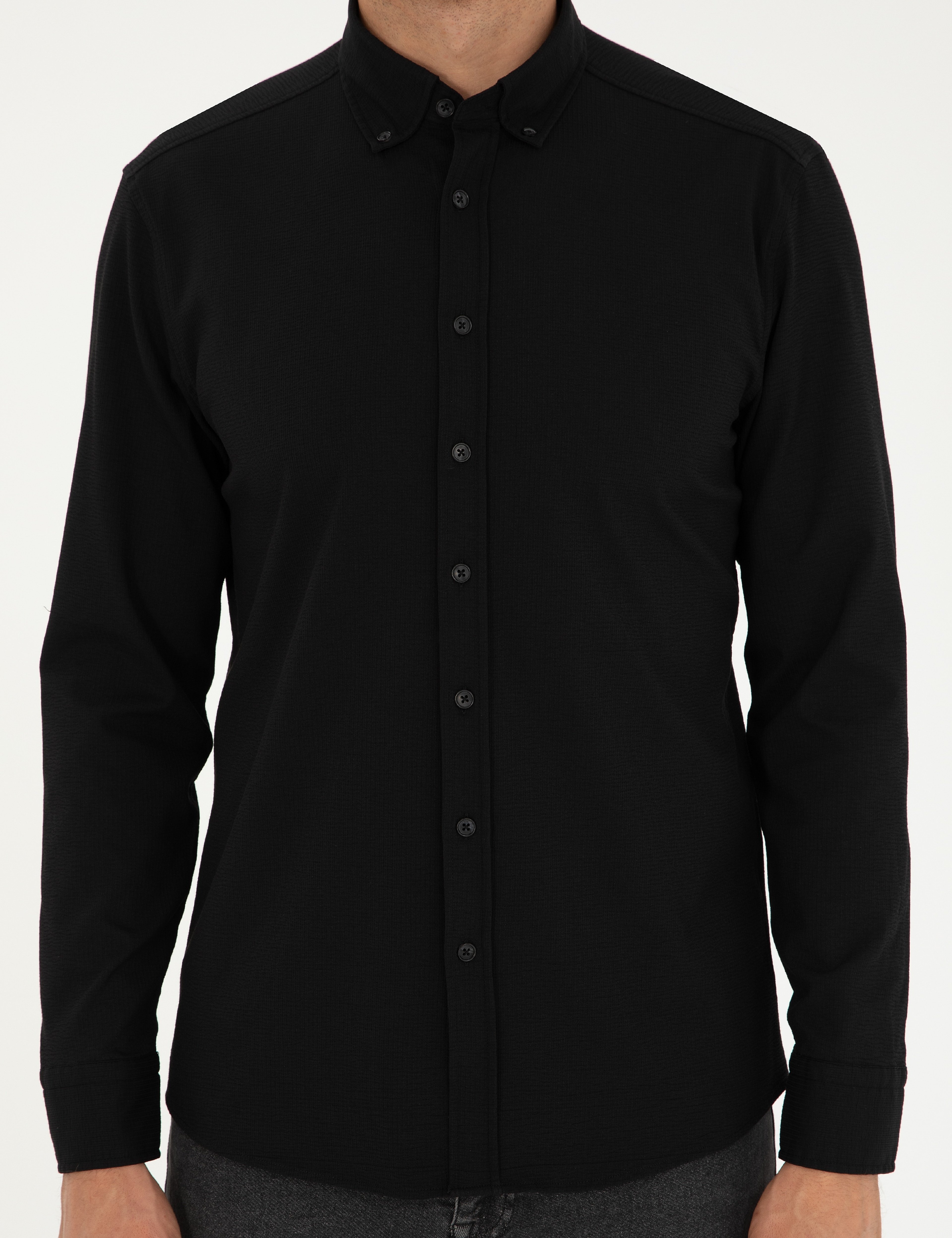 Siyah Slim Fit Uzun Kollu Gömlek - Image 6