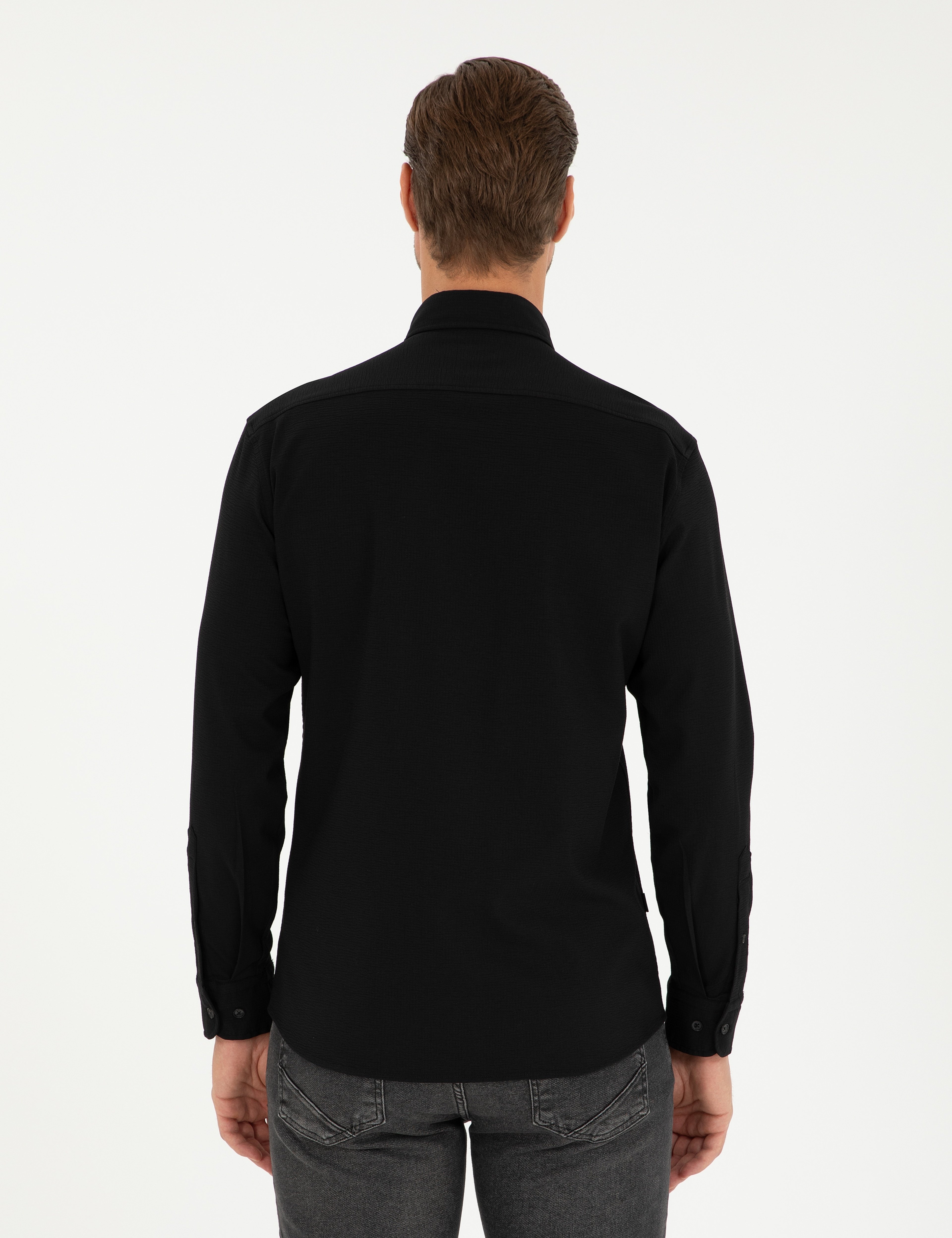 Siyah Slim Fit Uzun Kollu Gömlek - Image 5