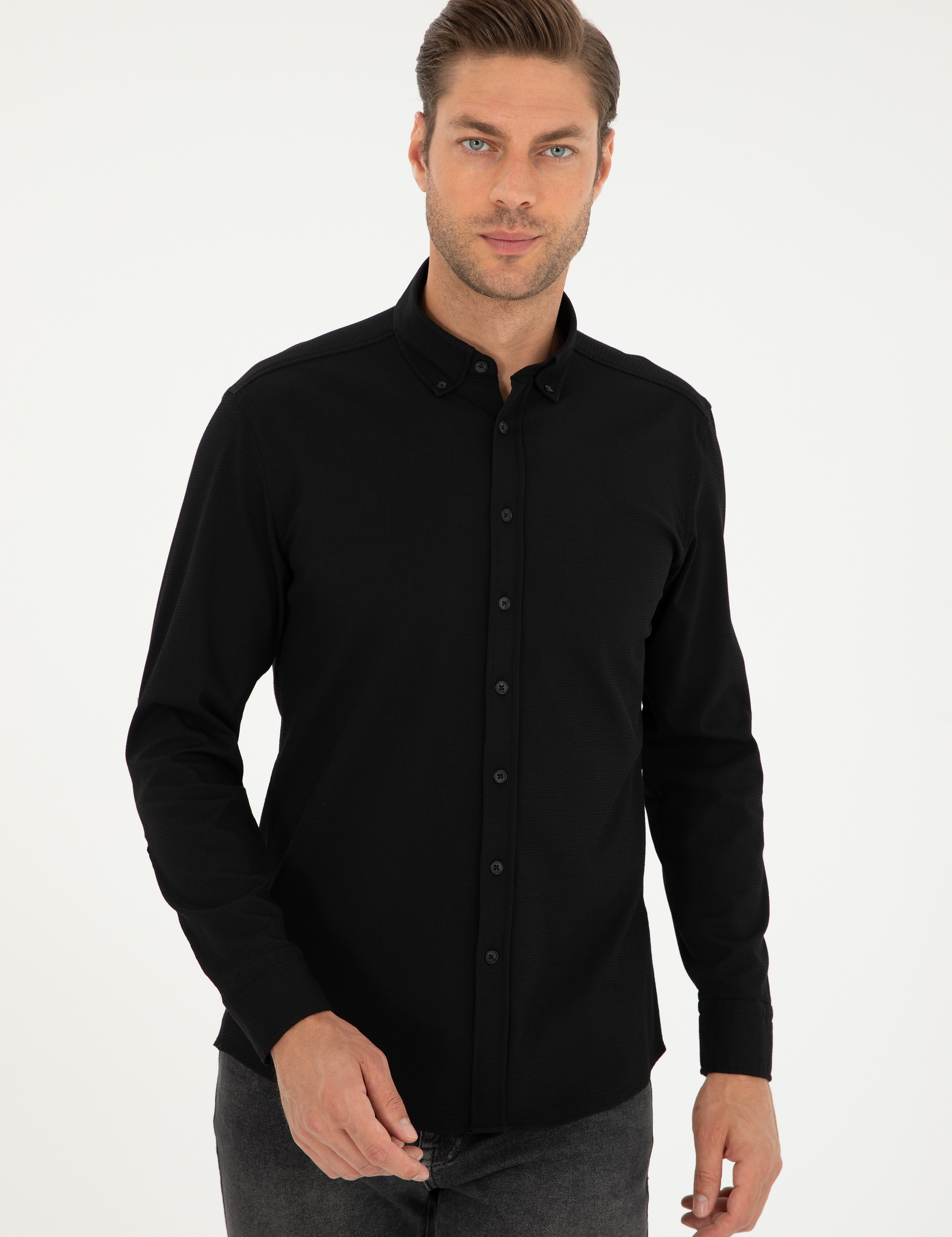 Siyah Slim Fit Uzun Kollu Gömlek - Image 3