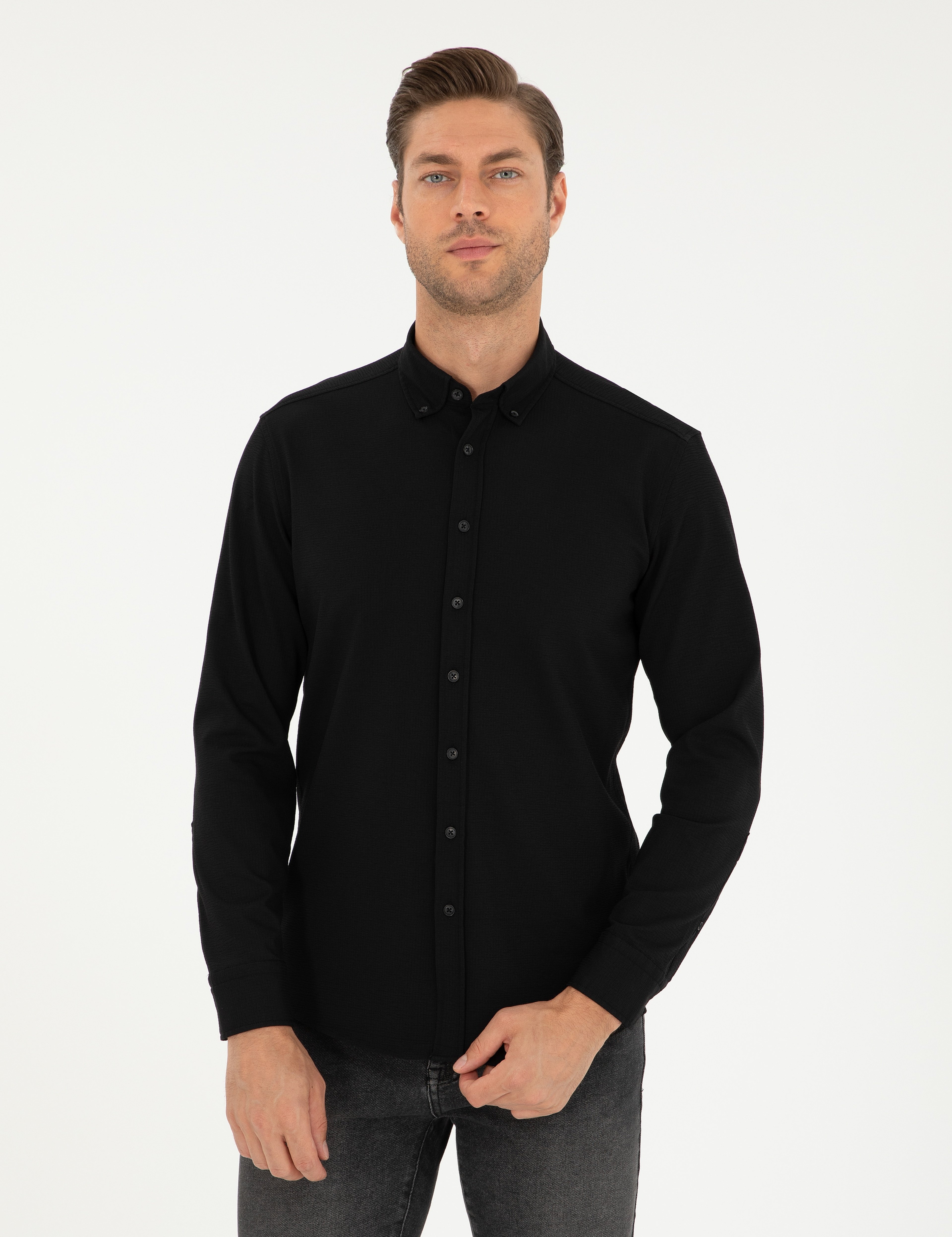 Siyah Slim Fit Uzun Kollu Gömlek - Image 1
