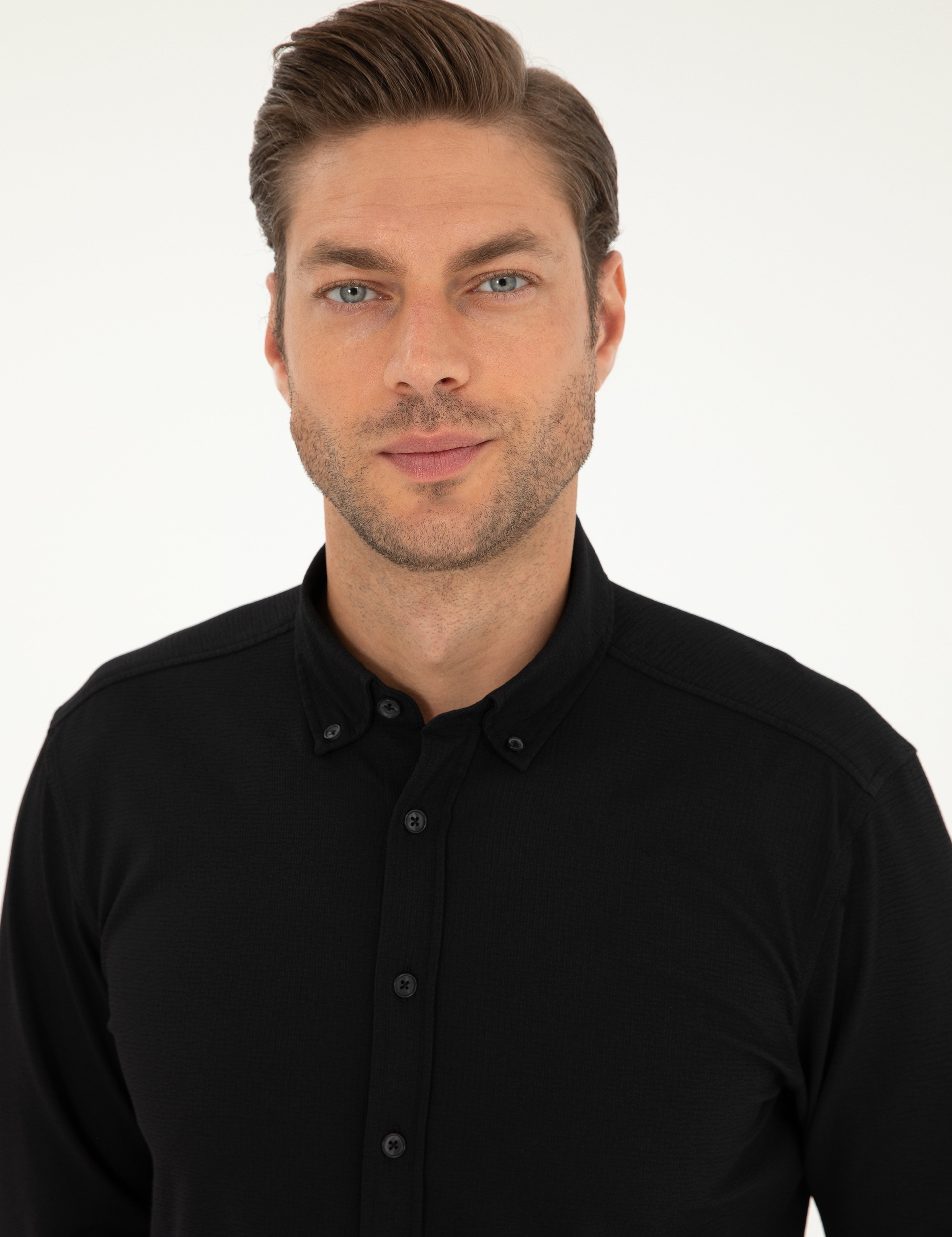 Siyah Slim Fit Uzun Kollu Gömlek - Image 2