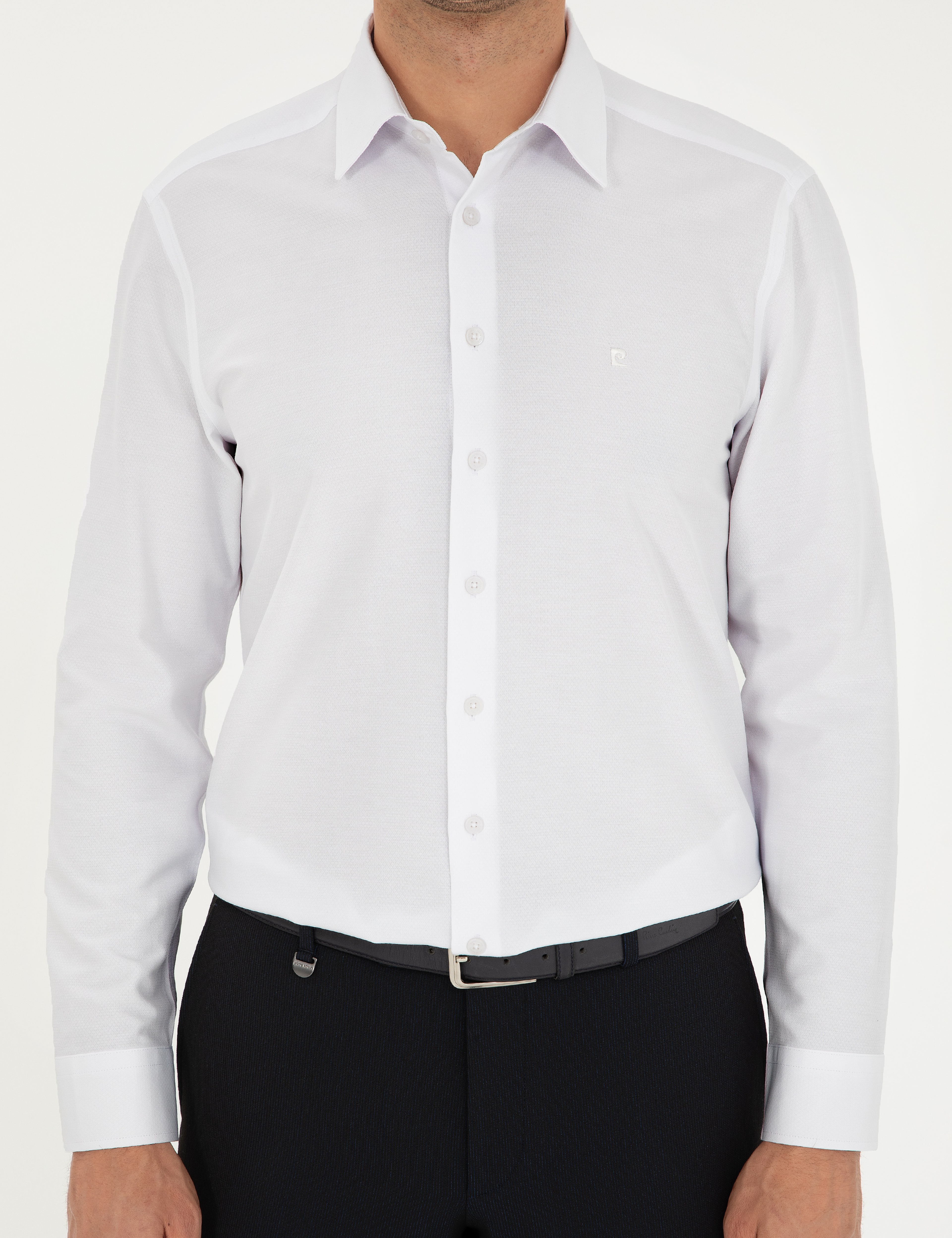 Beyaz Regular Fit Armürlü Uzun Kollu Gömlek - Image 6