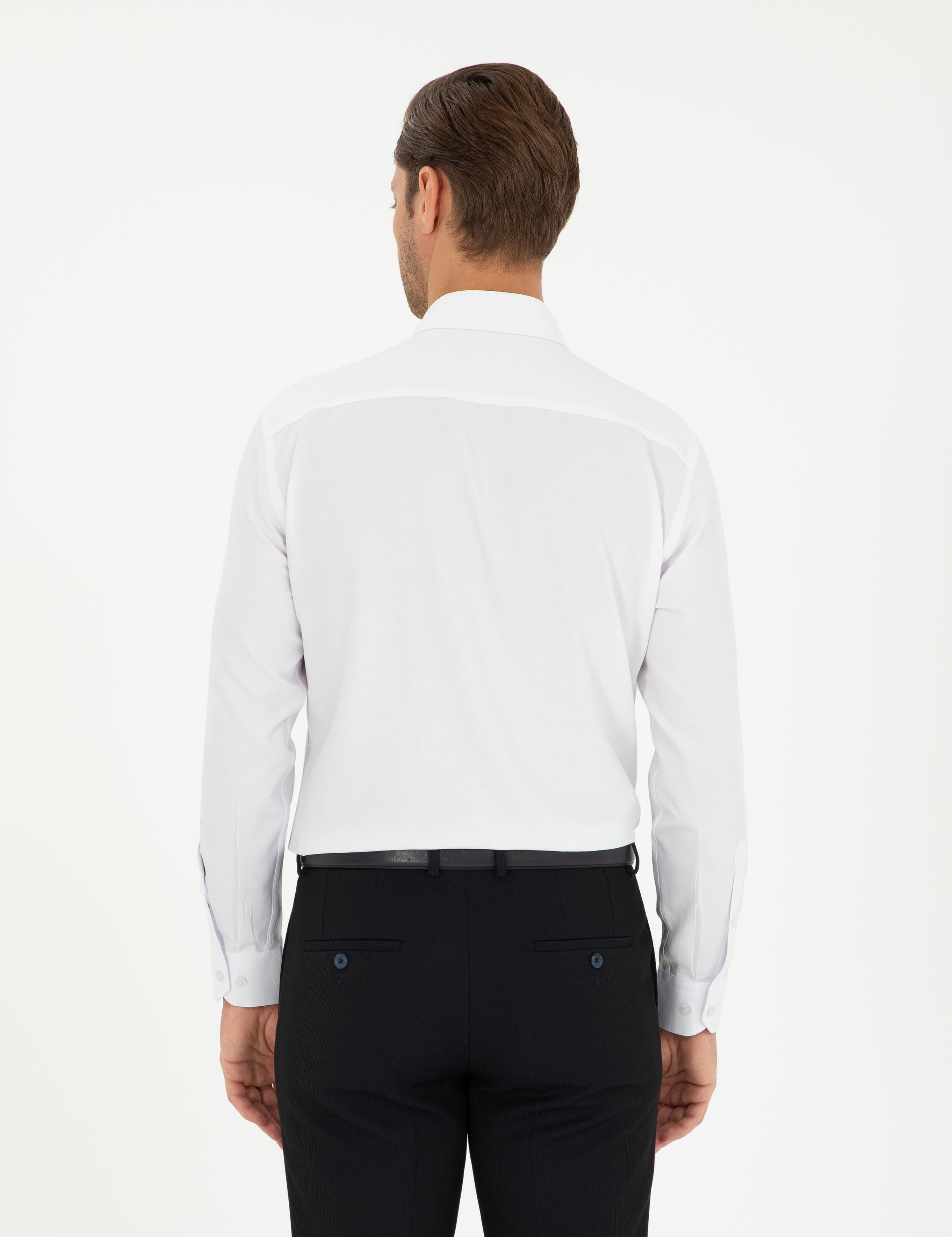 Beyaz Regular Fit Armürlü Uzun Kollu Gömlek