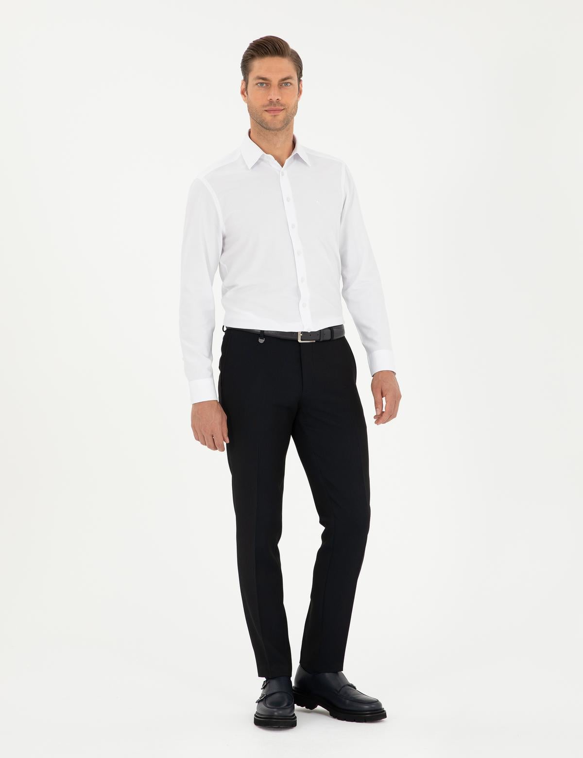 Beyaz Regular Fit Armürlü Uzun Kollu Gömlek - 50294729005