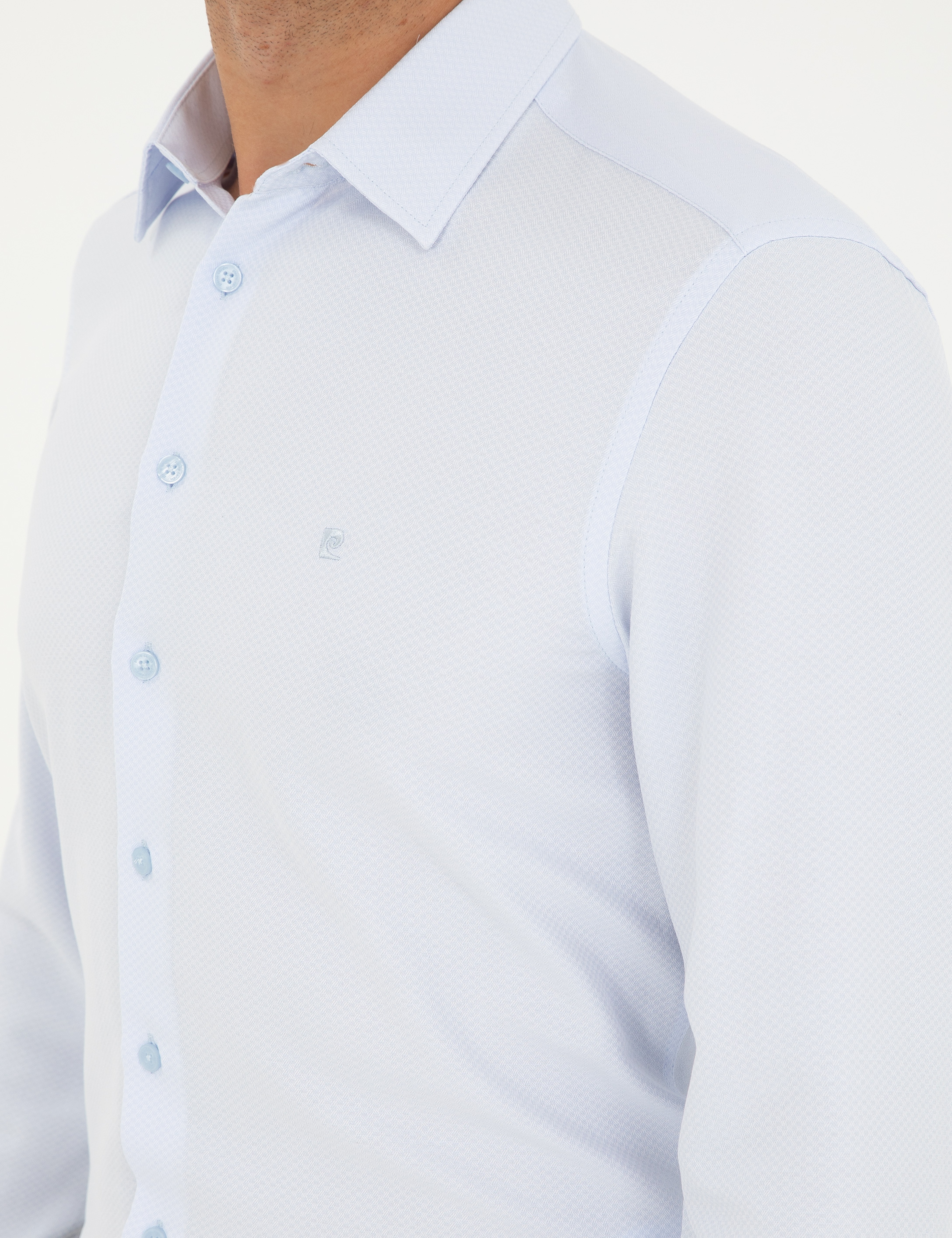 Açık Mavi Armürlü Slim Fit Uzun Kollu Gömlek - Image 7
