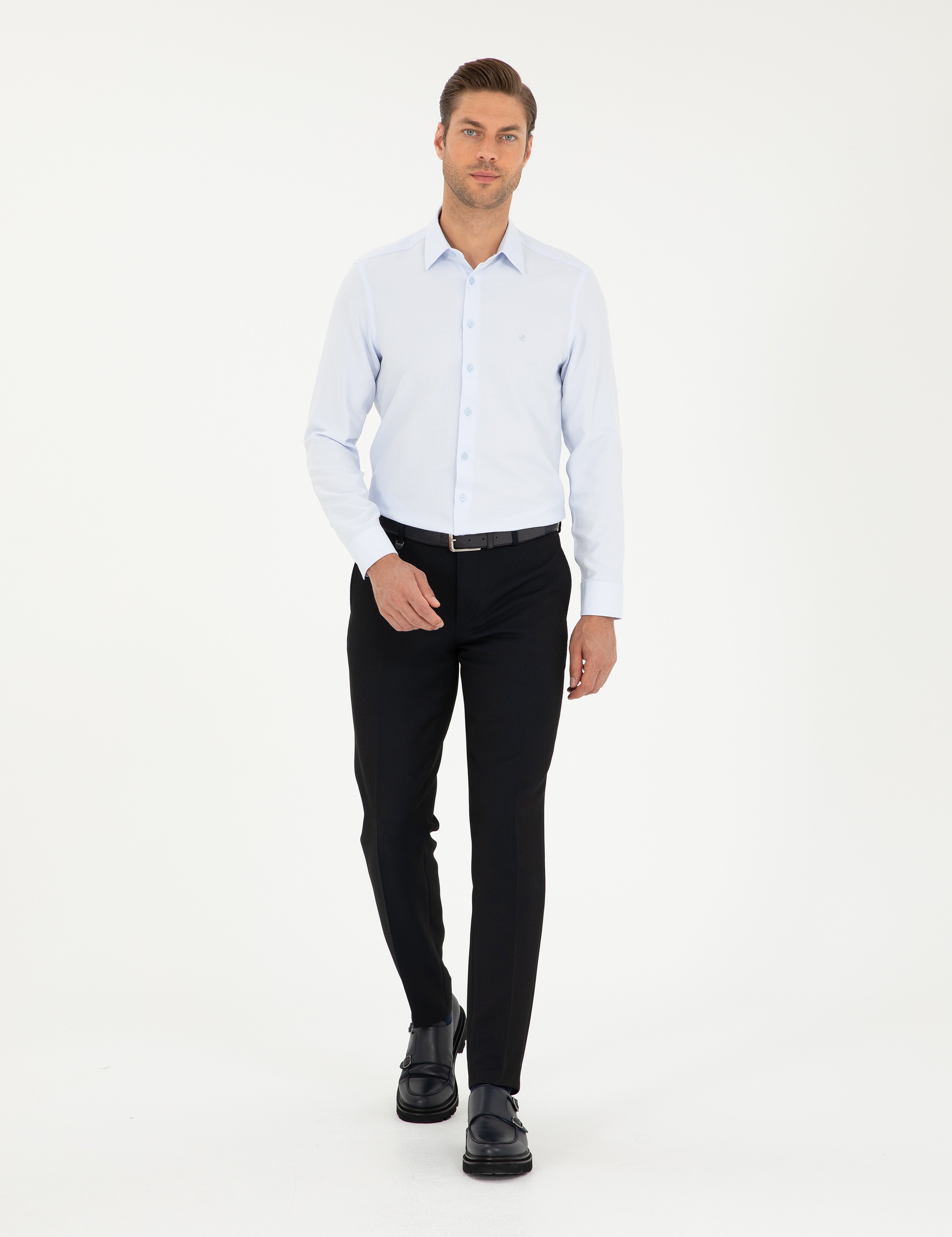 Açık Mavi Armürlü Slim Fit Uzun Kollu Gömlek - Image 4