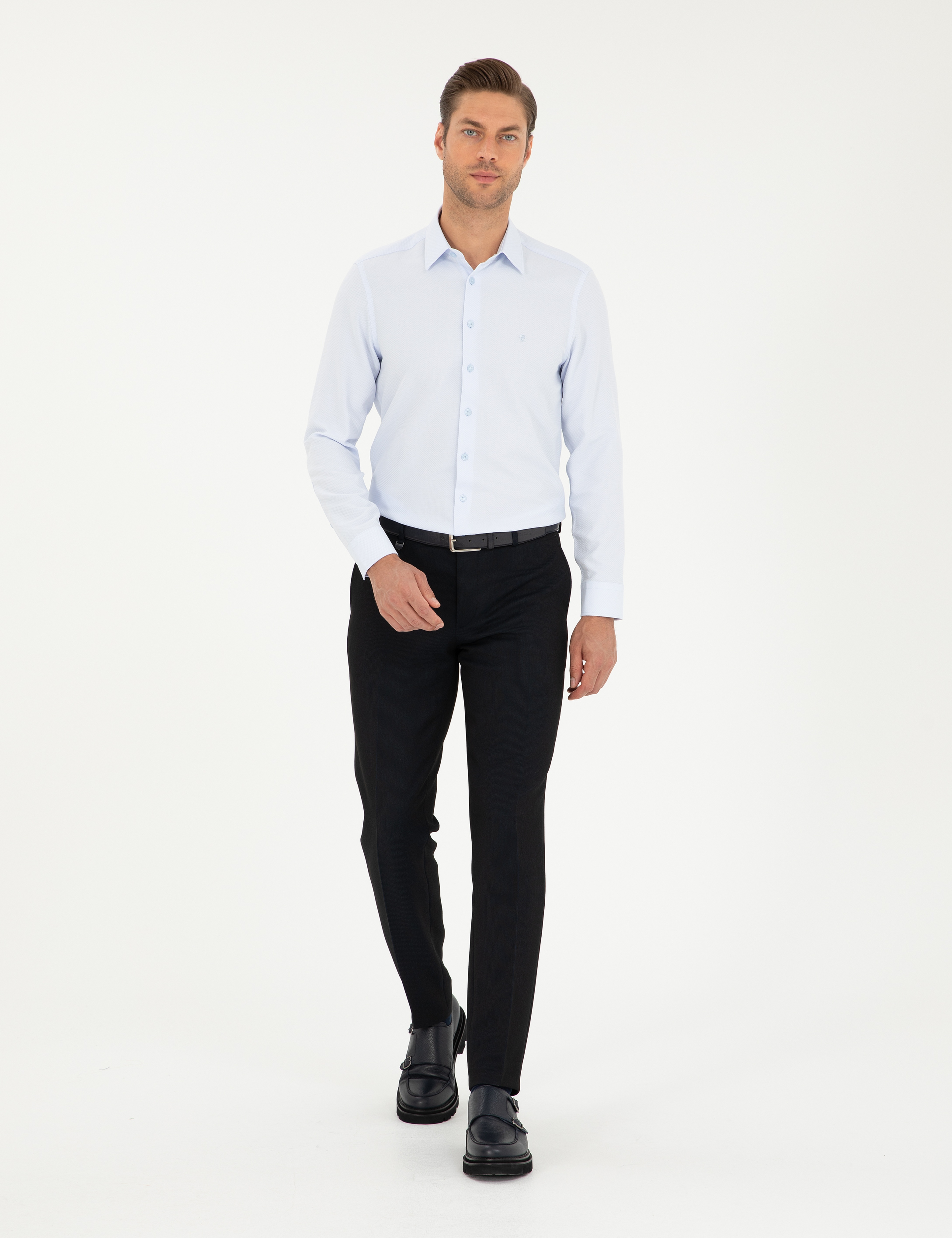 Açık Mavi Armürlü Slim Fit Uzun Kollu Gömlek