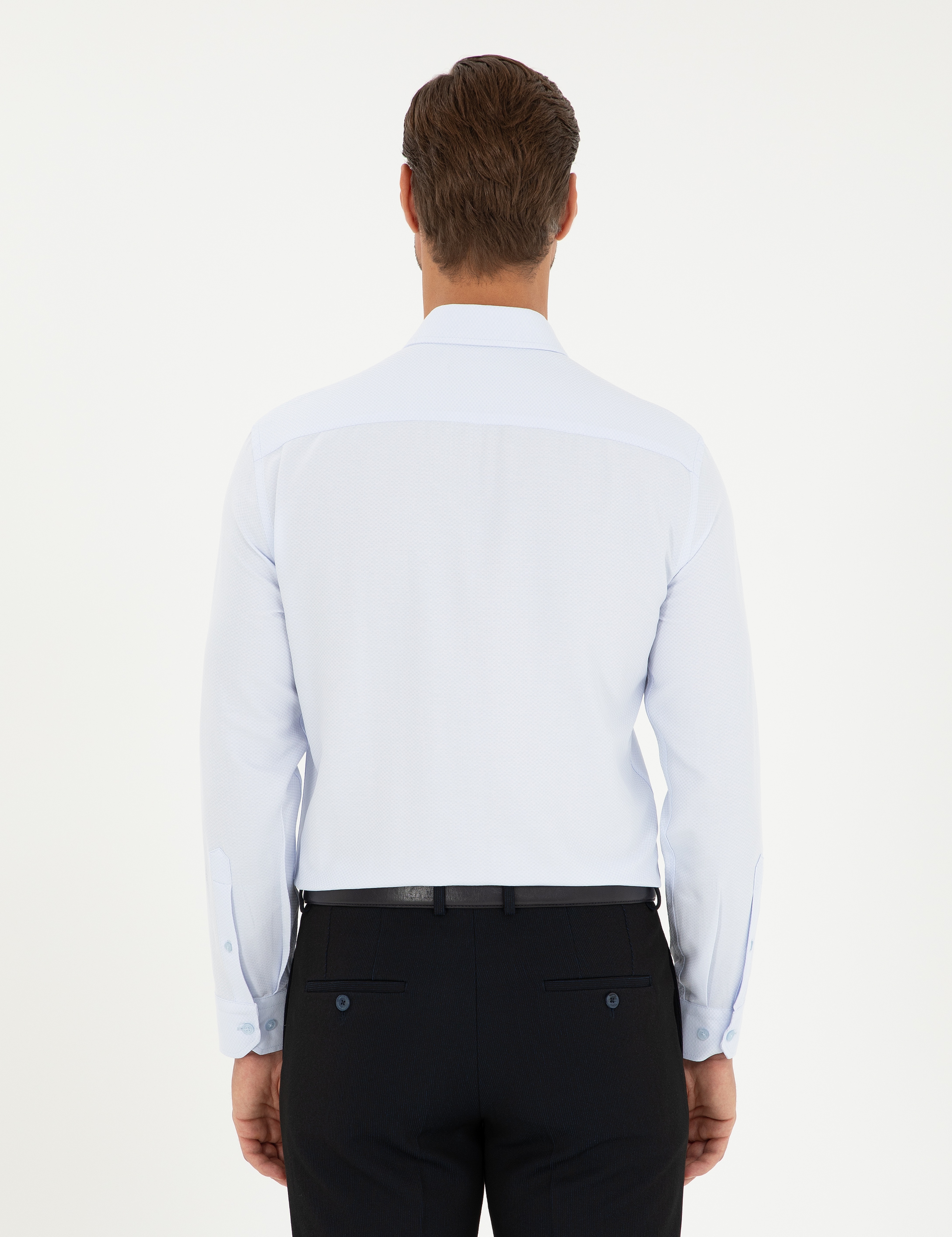 Açık Mavi Armürlü Slim Fit Uzun Kollu Gömlek - Image 5