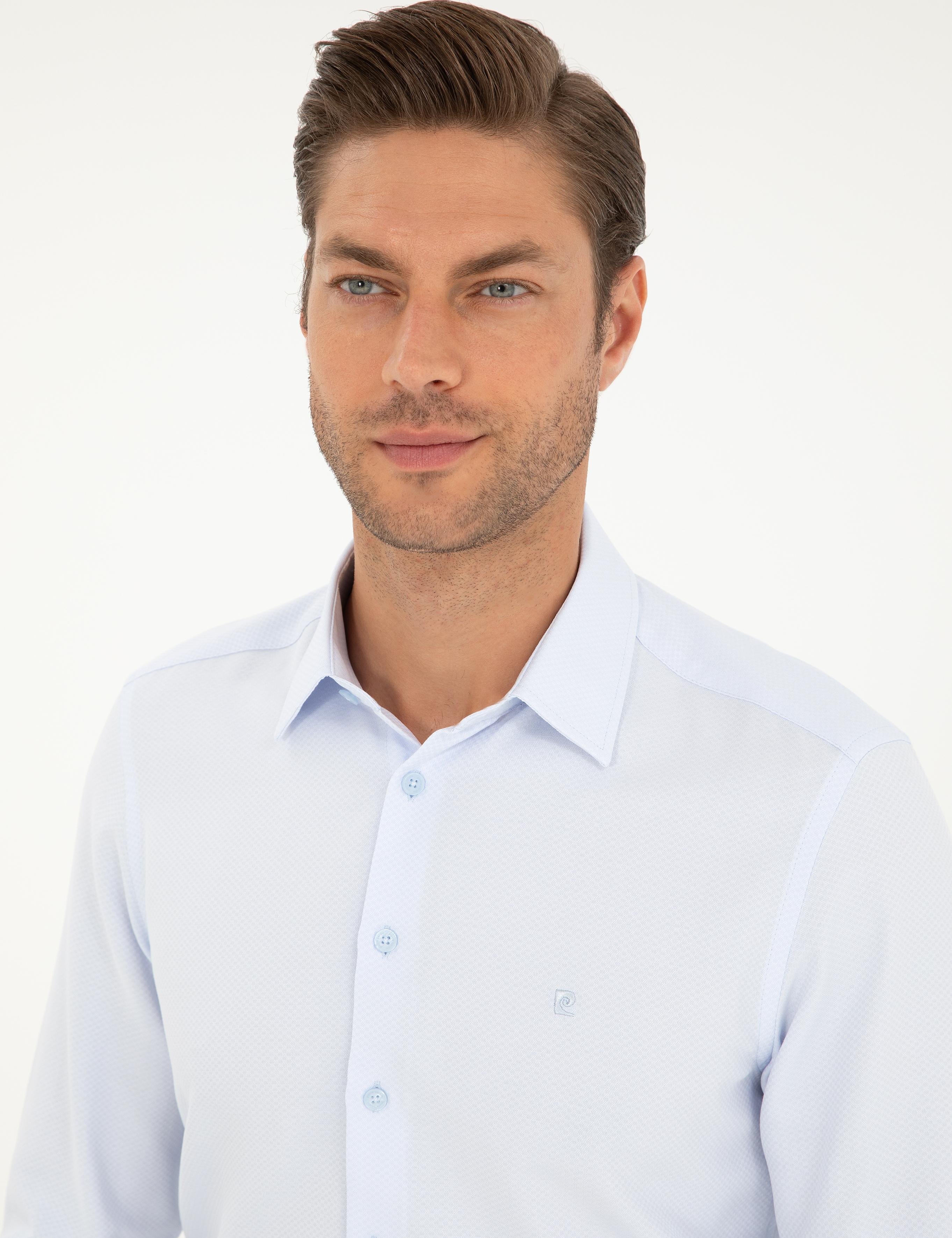 Açık Mavi Armürlü Slim Fit Uzun Kollu Gömlek