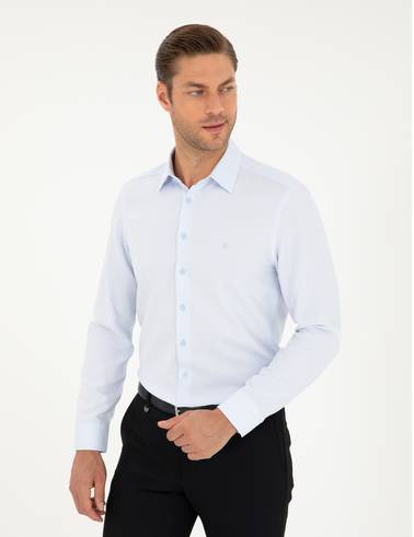 Açık Mavi Armürlü Slim Fit Uzun Kollu Gömlek