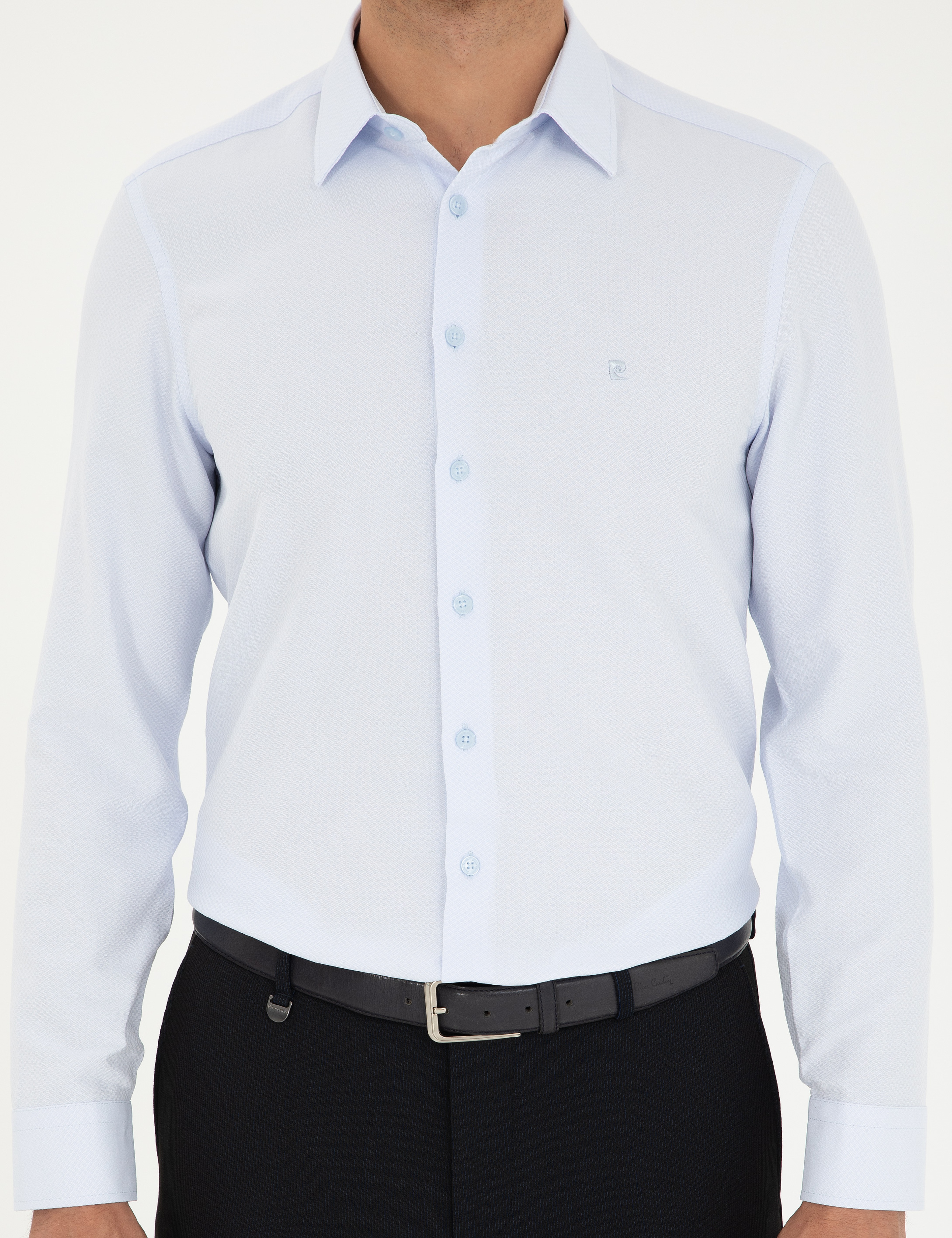 Açık Mavi Armürlü Slim Fit Uzun Kollu Gömlek - Image 6
