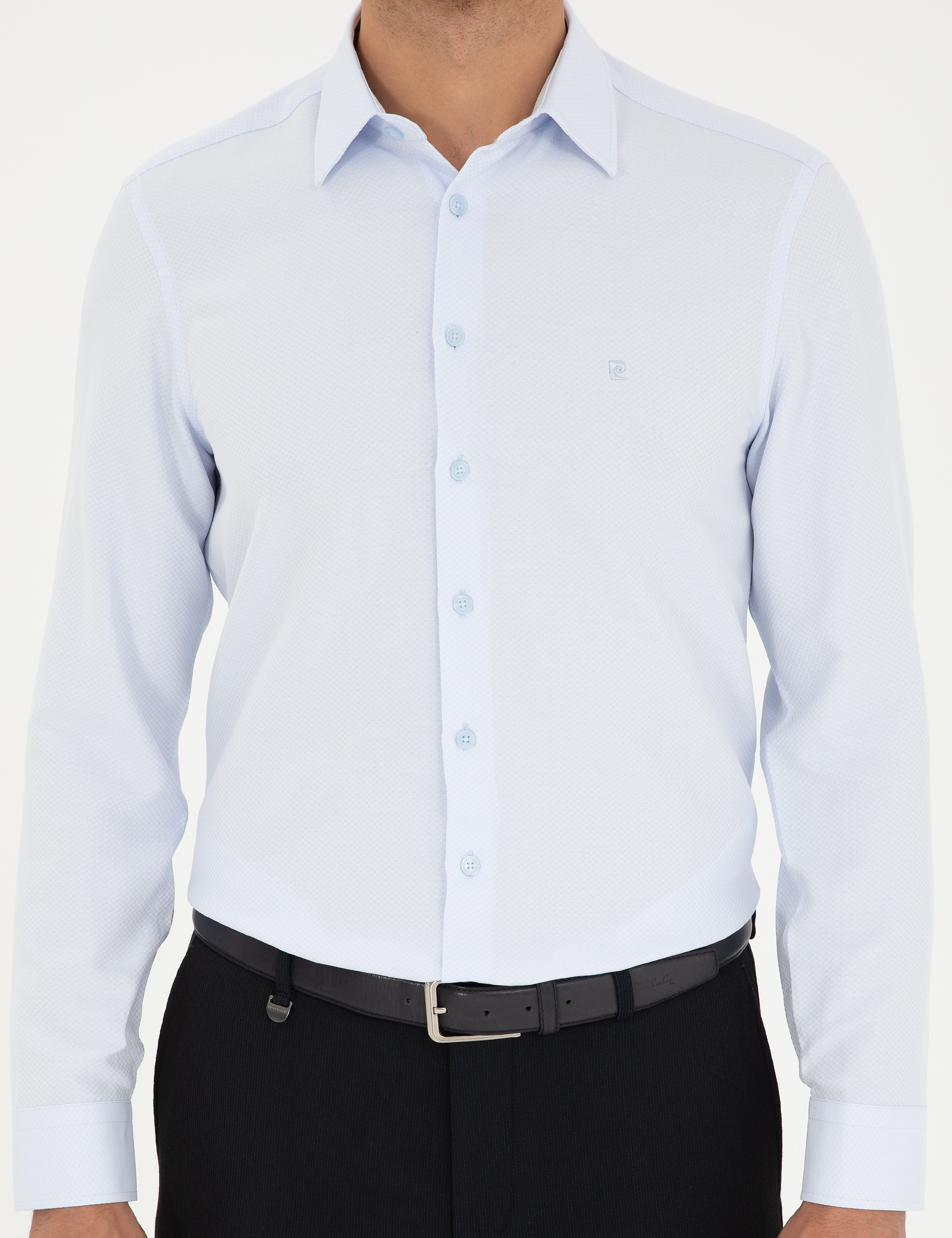 Açık Mavi Armürlü Slim Fit Uzun Kollu Gömlek