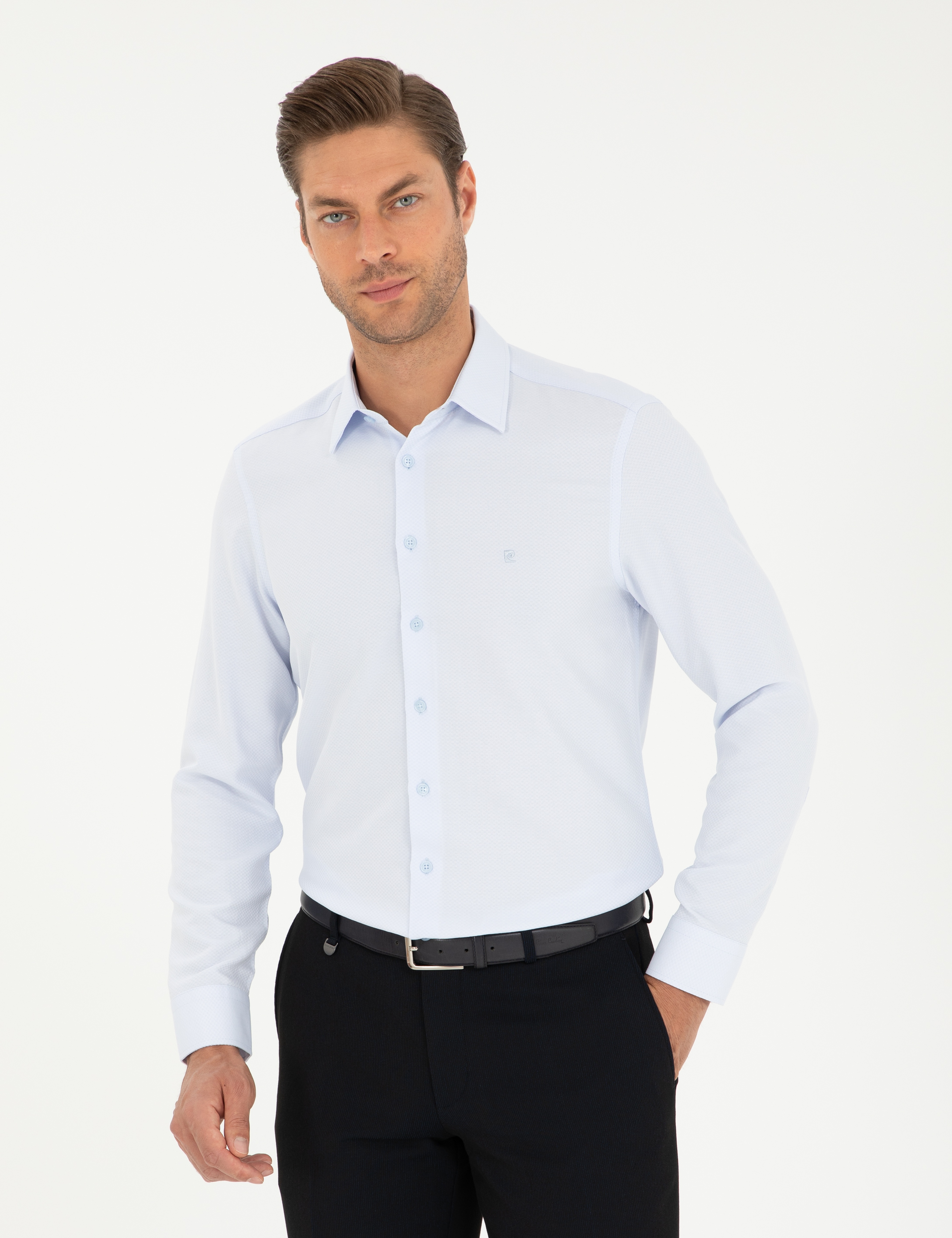 Açık Mavi Armürlü Slim Fit Uzun Kollu Gömlek - Image 1