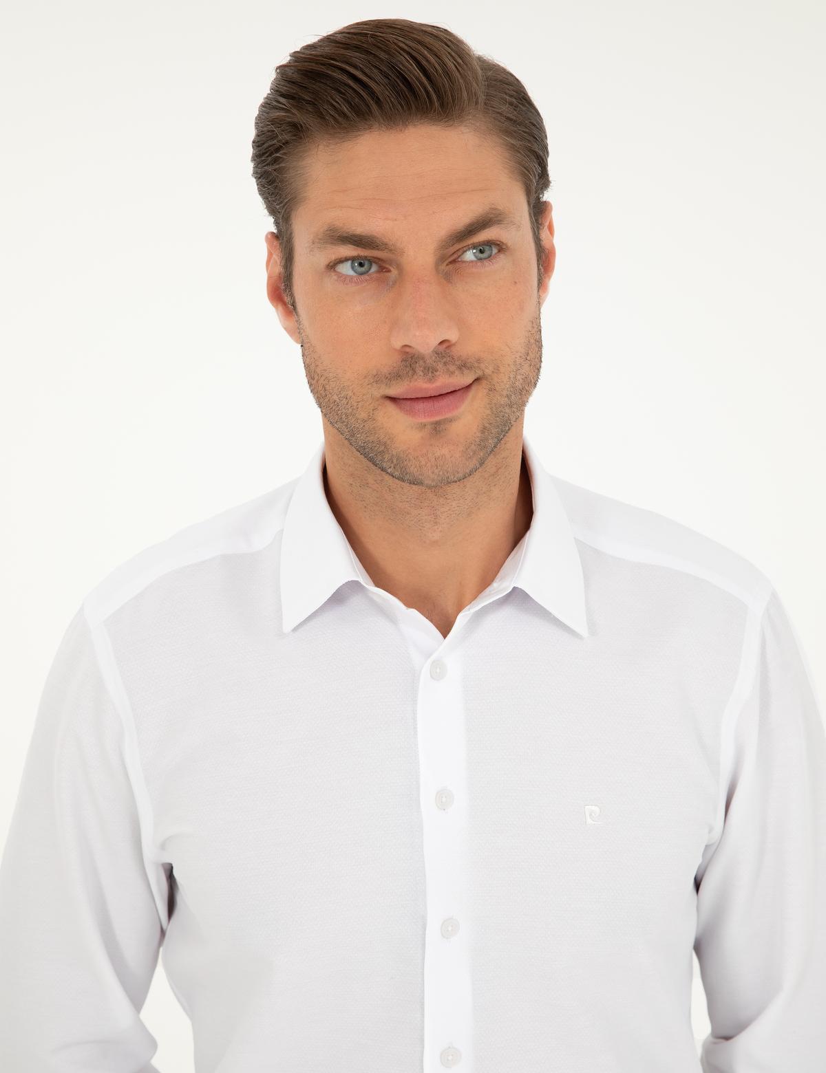 Beyaz Regular Fit Armürlü Uzun Kollu Gömlek - 50294729005