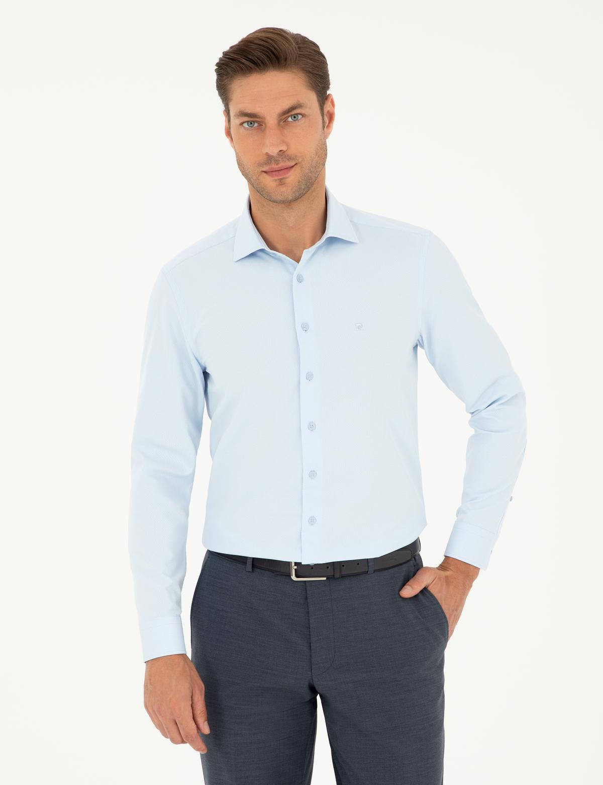 Açık Mavi Slim Fit Armürlü Uzun Kollu Gömlek