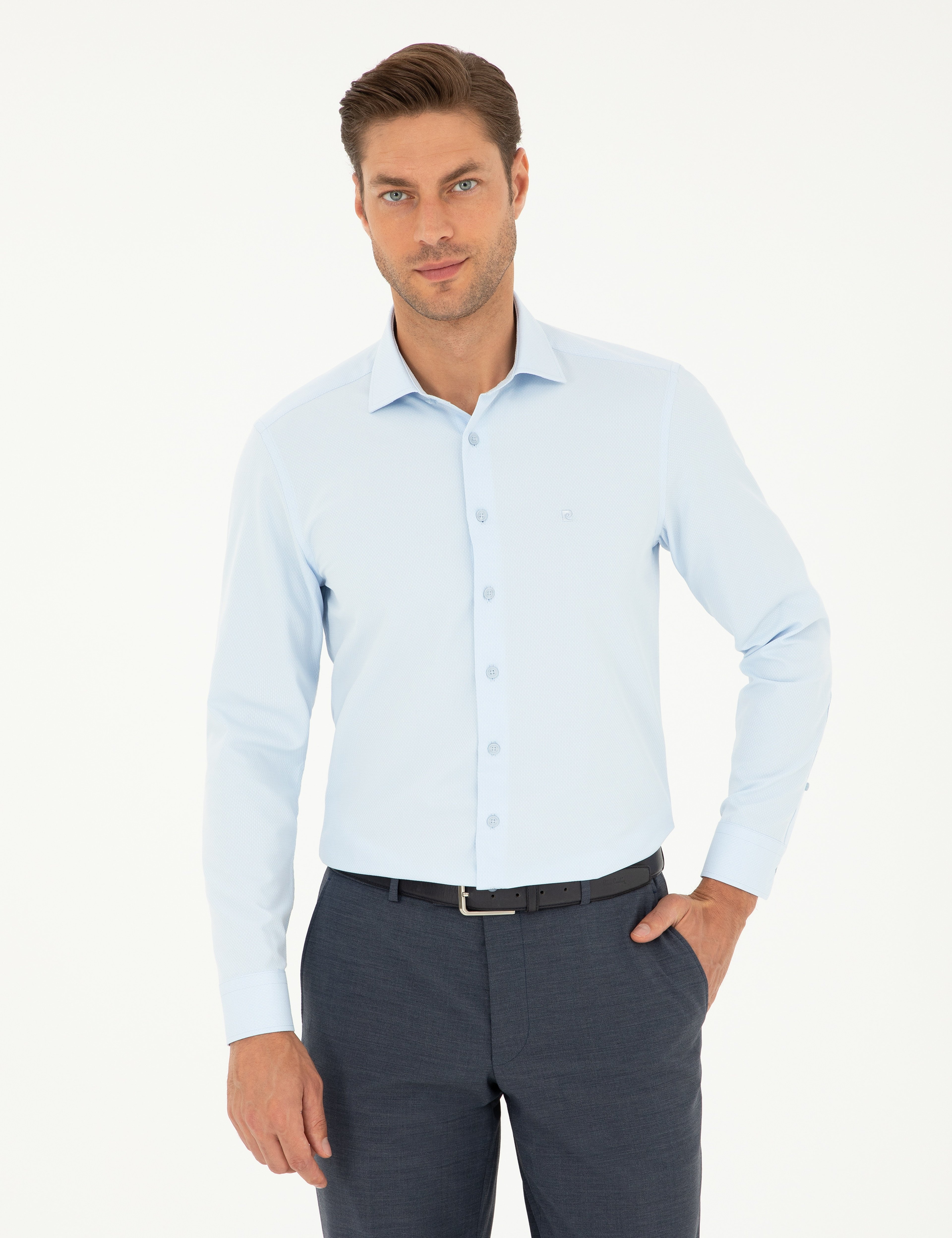 Açık Mavi Slim Fit Armürlü Uzun Kollu Gömlek - Image 1