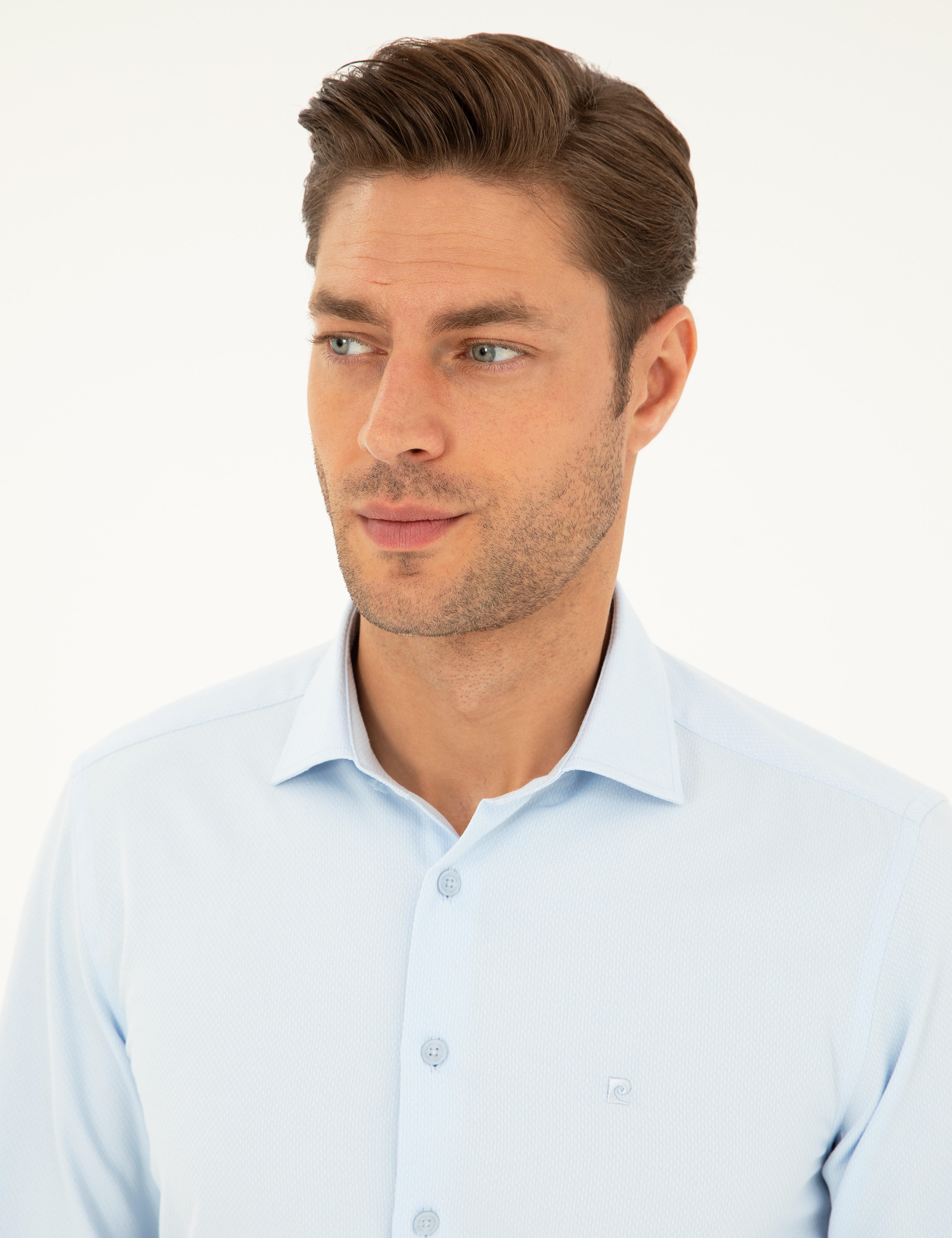 Açık Mavi Slim Fit Armürlü Uzun Kollu Gömlek - Image 2