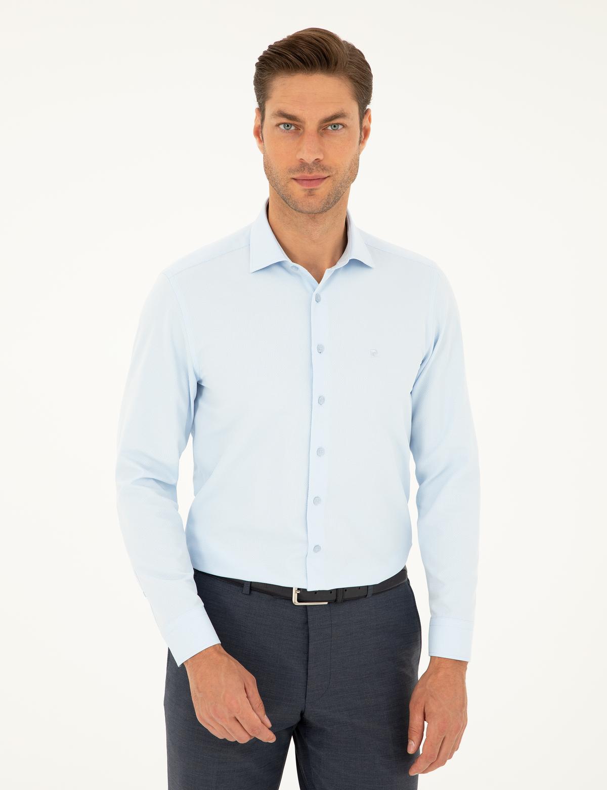 Açık Mavi Slim Fit Armürlü Uzun Kollu Gömlek - 50298046016