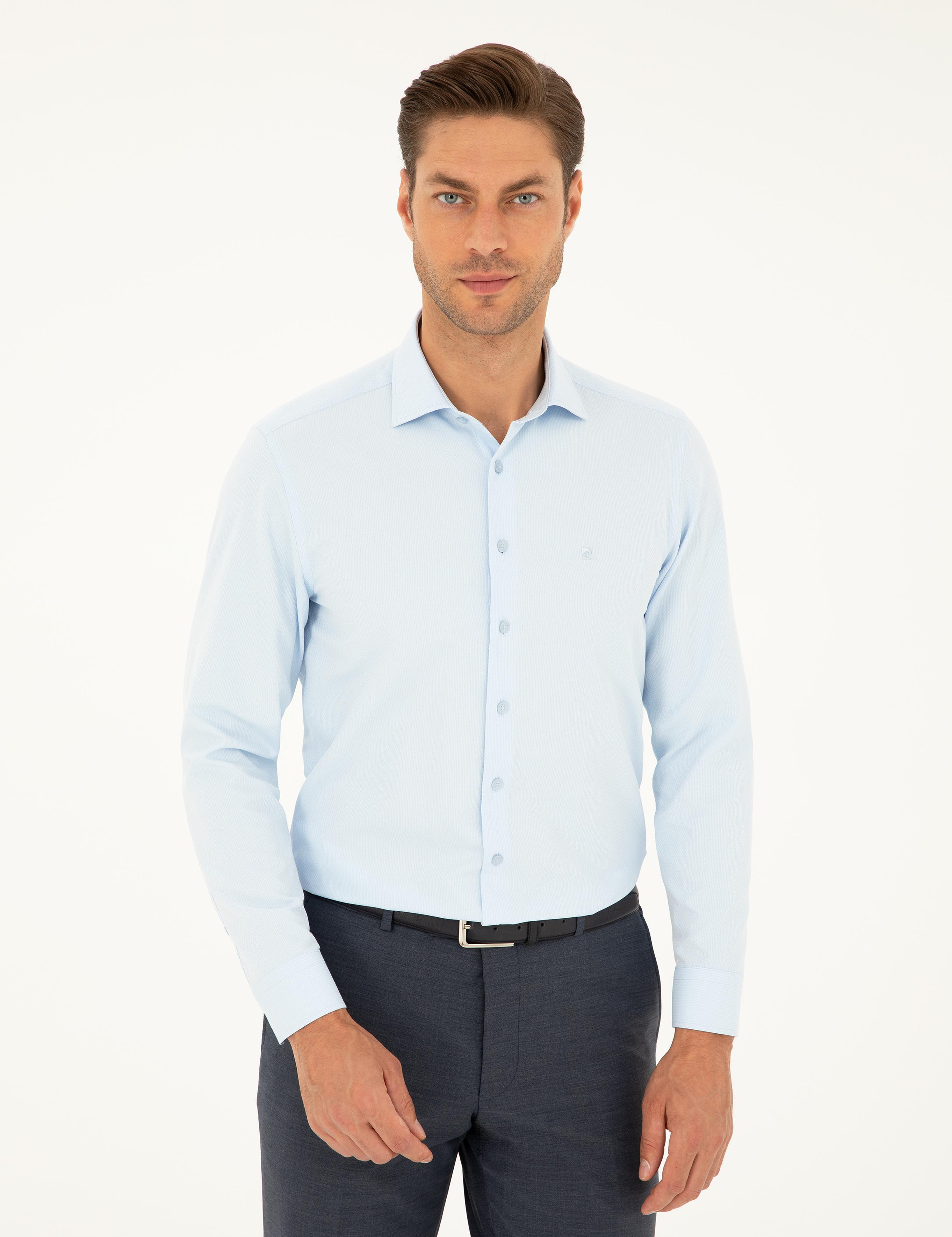 Açık Mavi Slim Fit Armürlü Uzun Kollu Gömlek