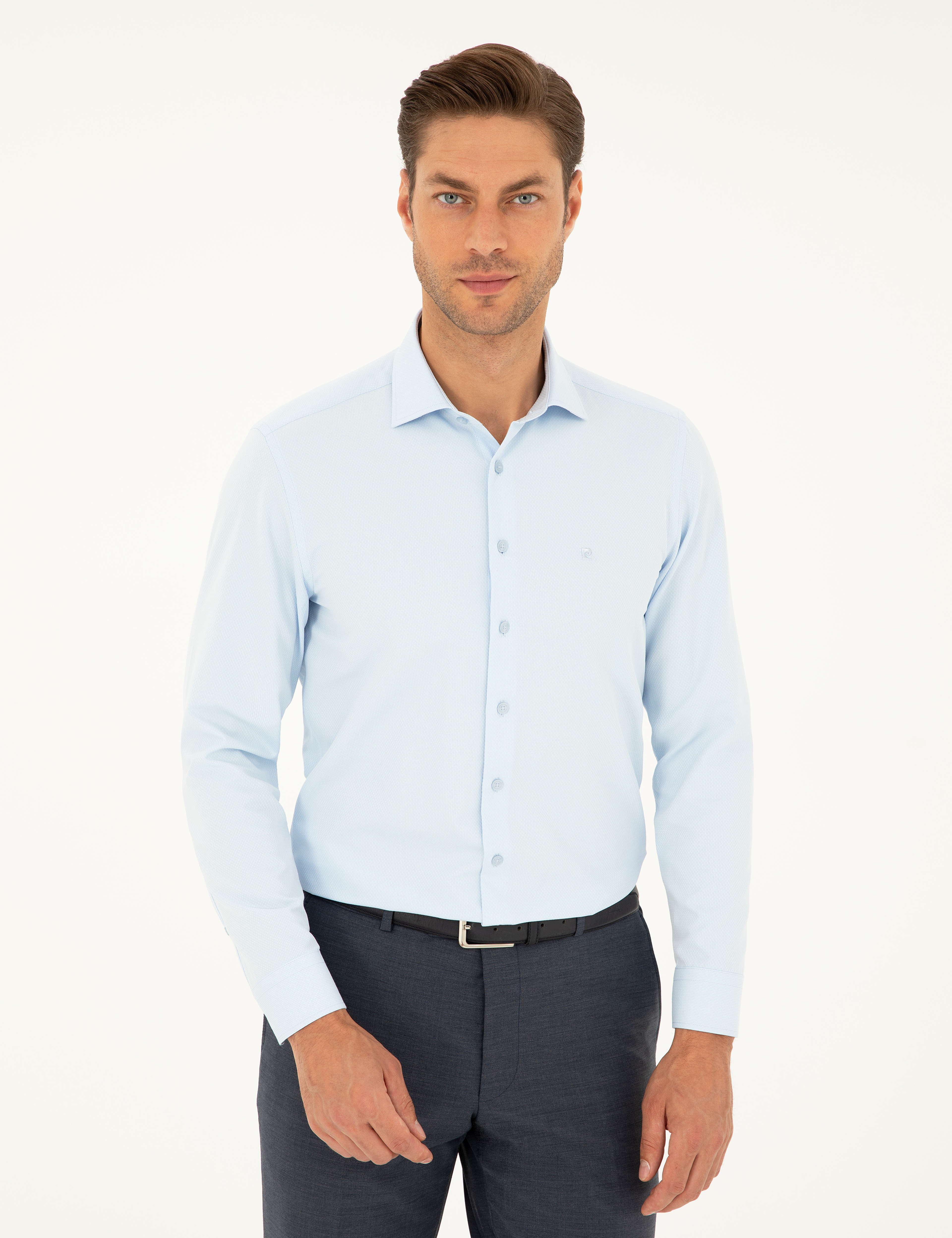 Açık Mavi Slim Fit Armürlü Uzun Kollu Gömlek - Image 3