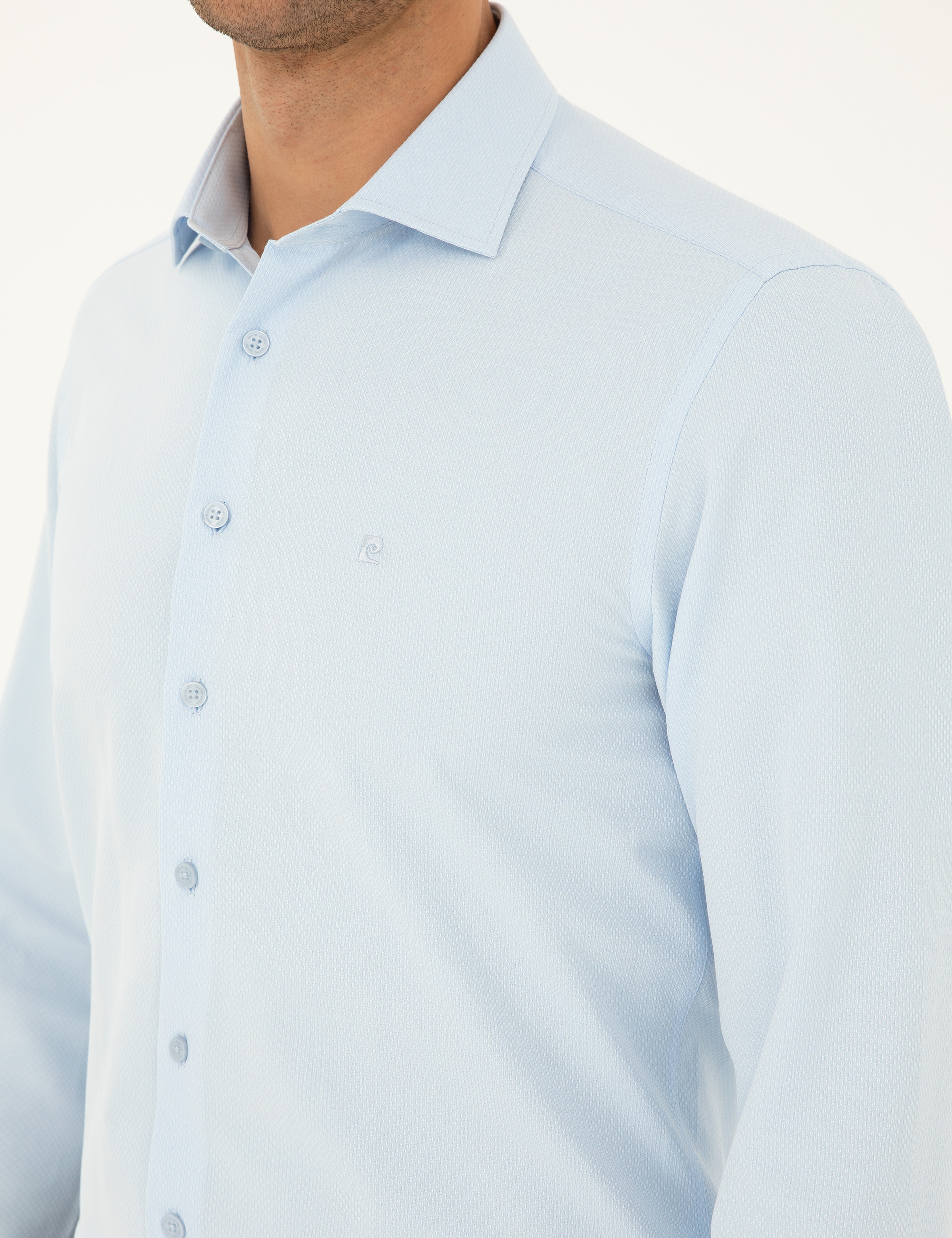 Açık Mavi Slim Fit Armürlü Uzun Kollu Gömlek - Image 7