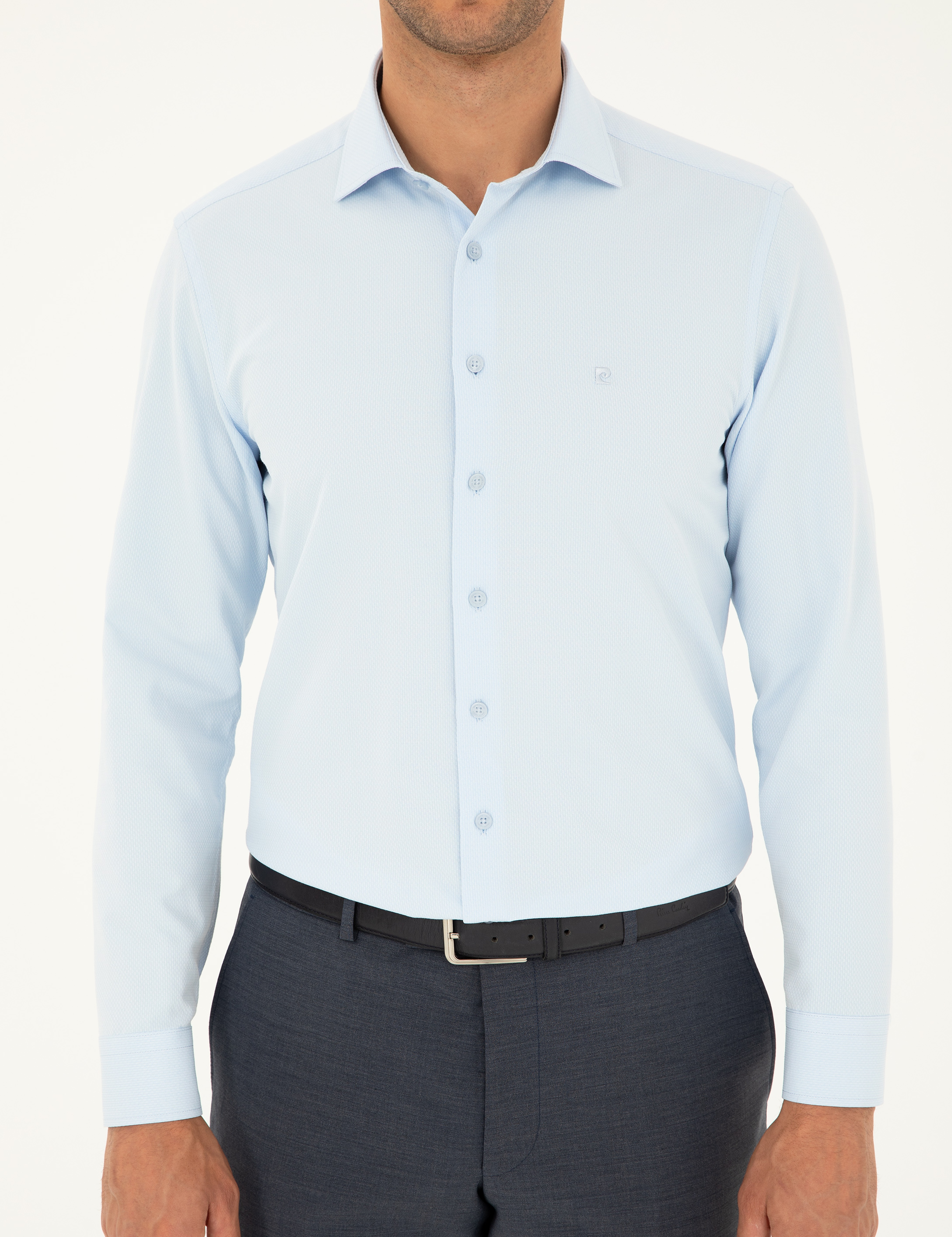 Açık Mavi Slim Fit Armürlü Uzun Kollu Gömlek - Image 6