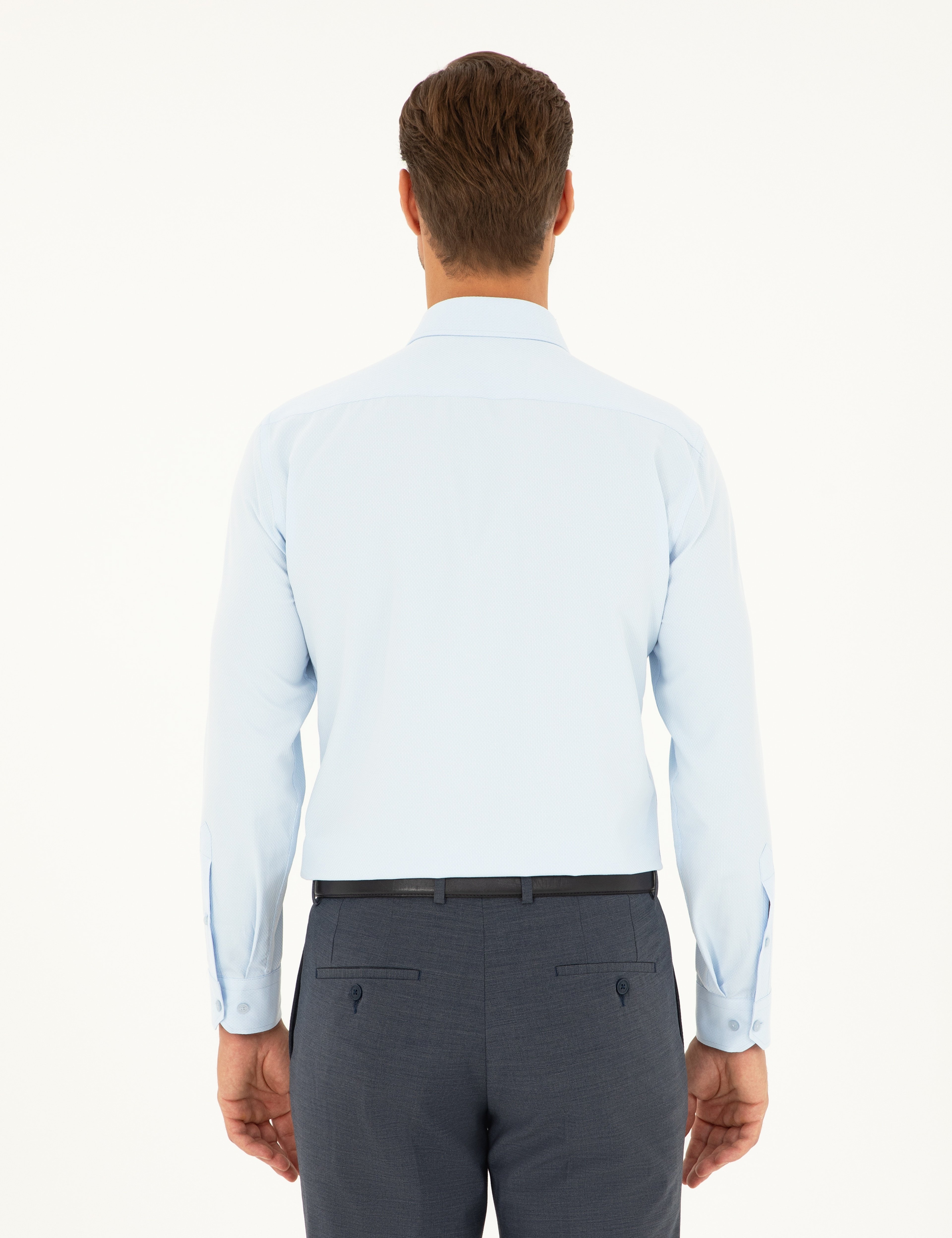 Açık Mavi Slim Fit Armürlü Uzun Kollu Gömlek