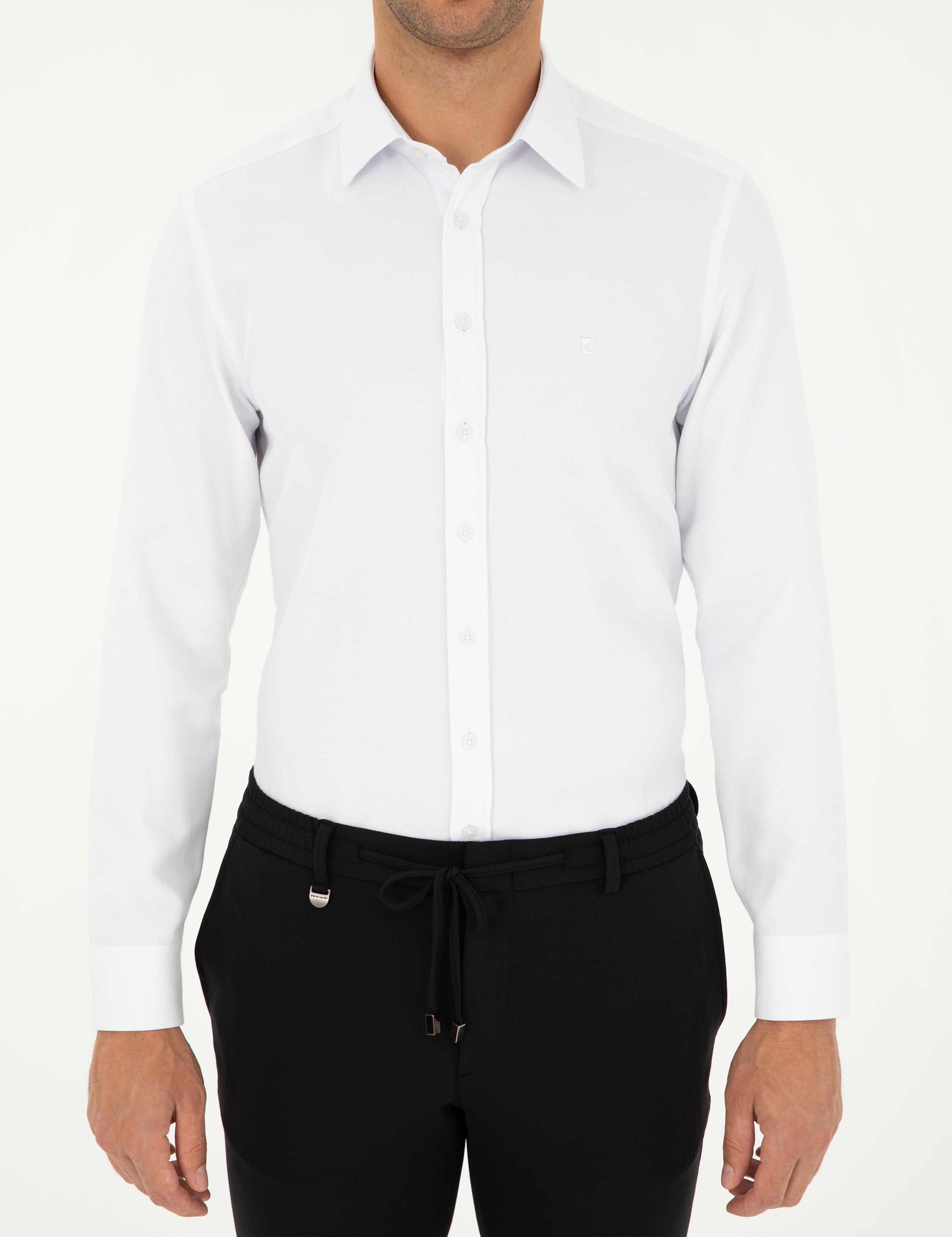 Beyaz Slim Fit Armürlü Uzun Kollu Gömlek