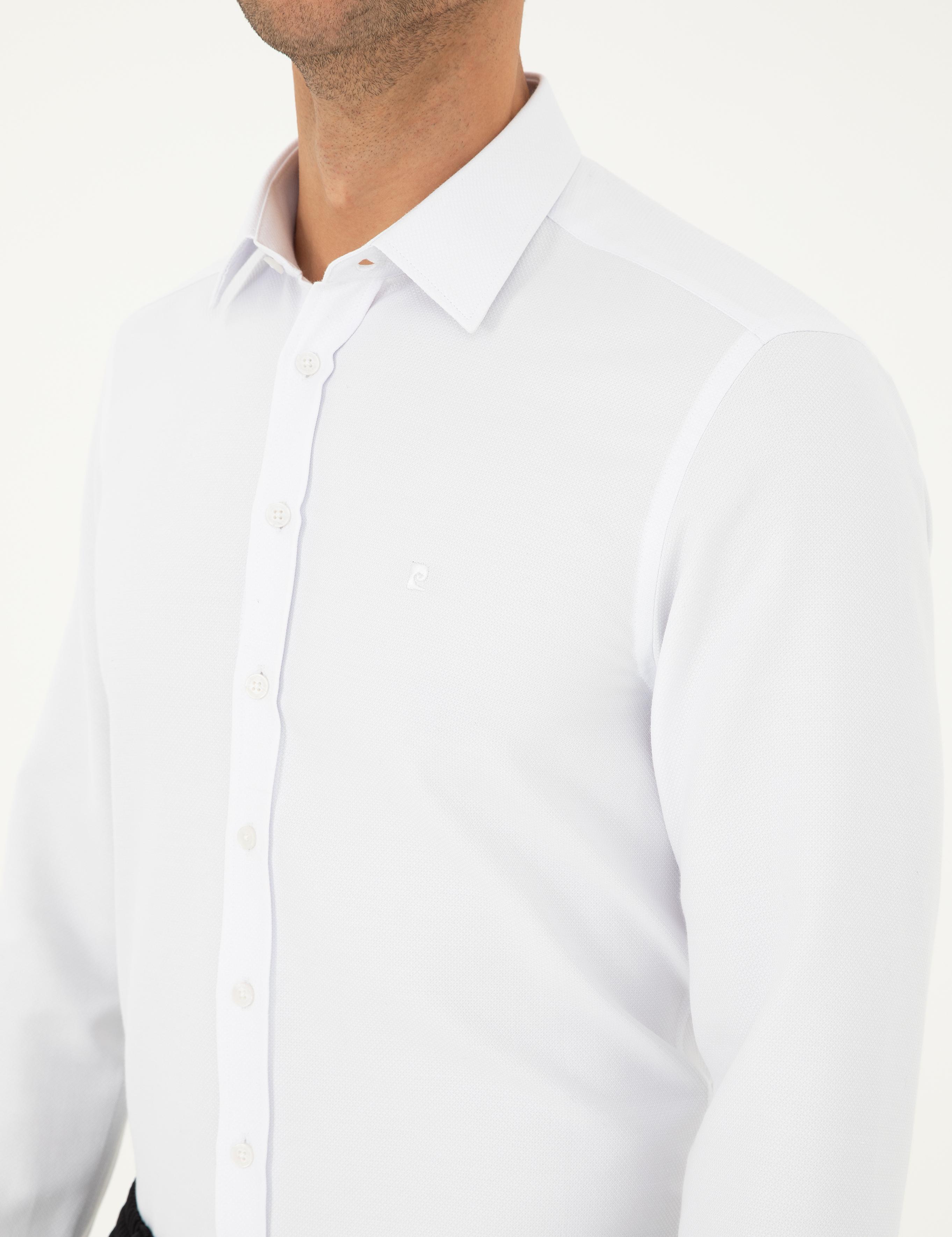 Beyaz Slim Fit Armürlü Uzun Kollu Gömlek