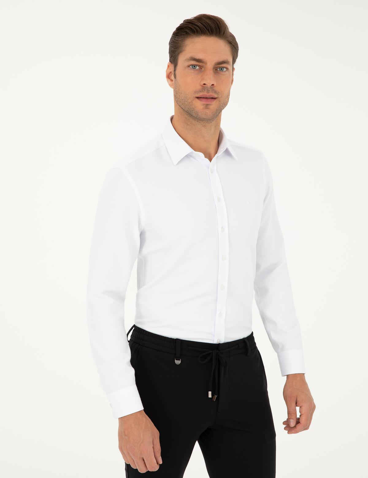 Beyaz Slim Fit Armürlü Uzun Kollu Gömlek - 50298055005