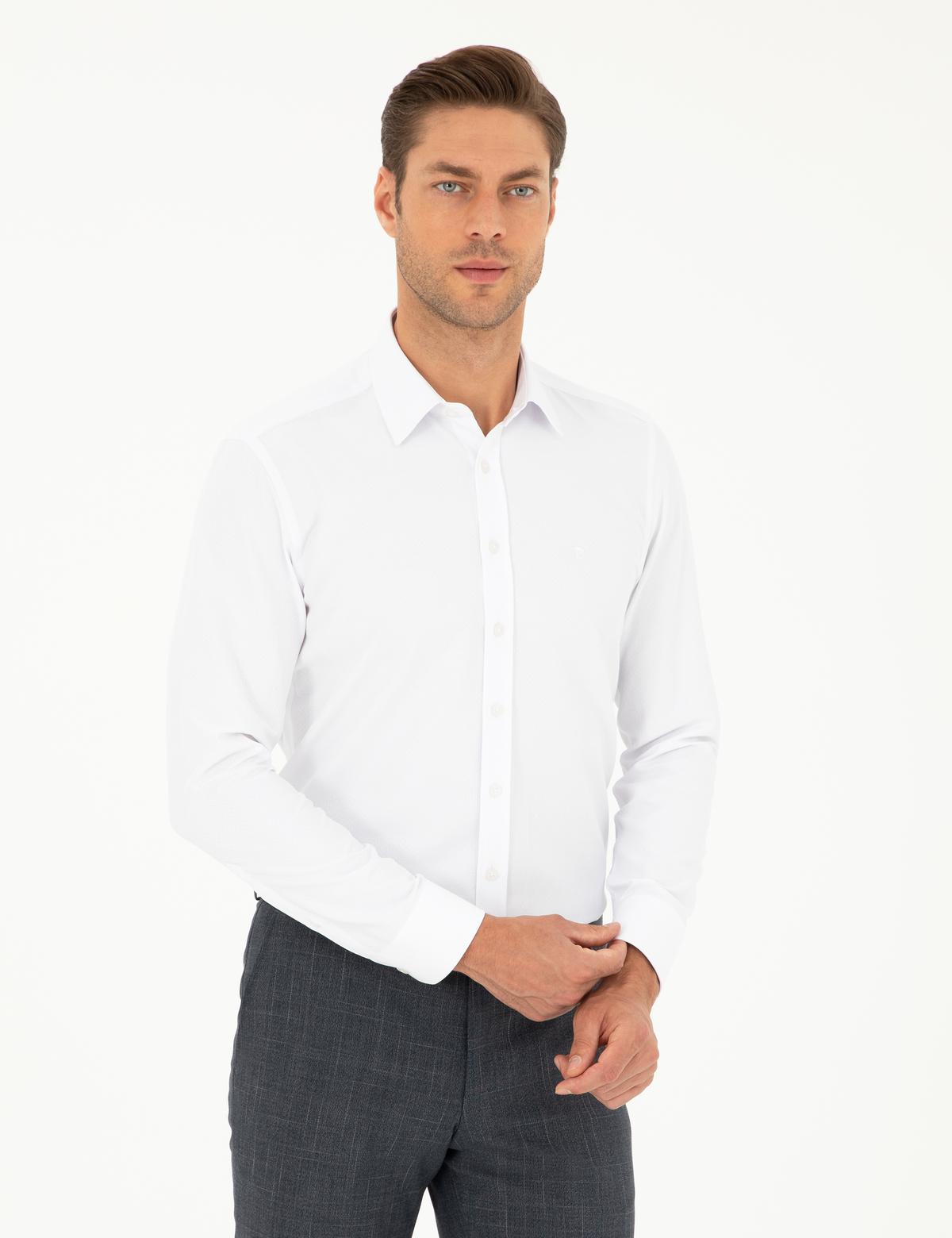 Beyaz Slim Fit Armürlü Uzun Kollu Gömlek