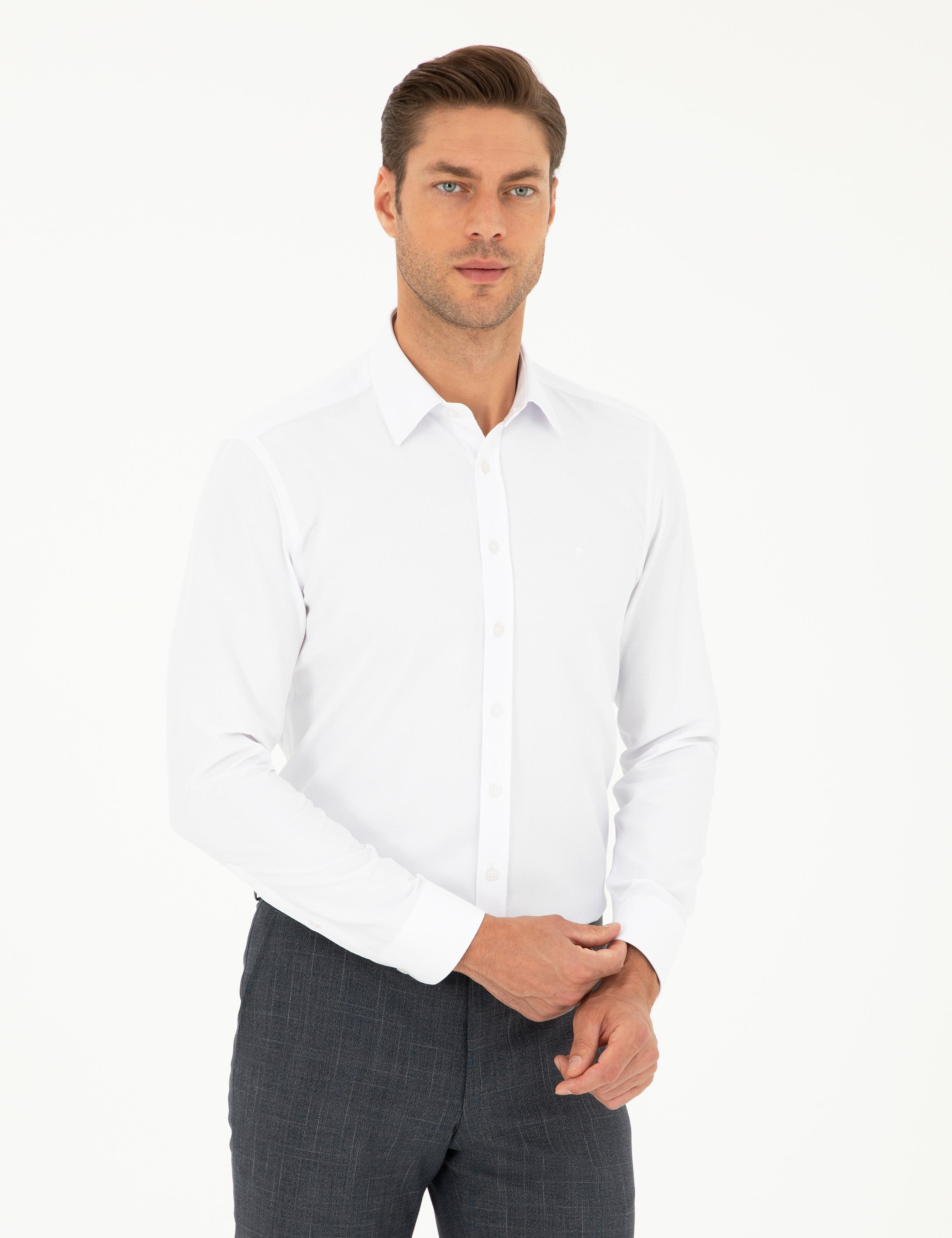 Beyaz Slim Fit Armürlü Uzun Kollu Gömlek