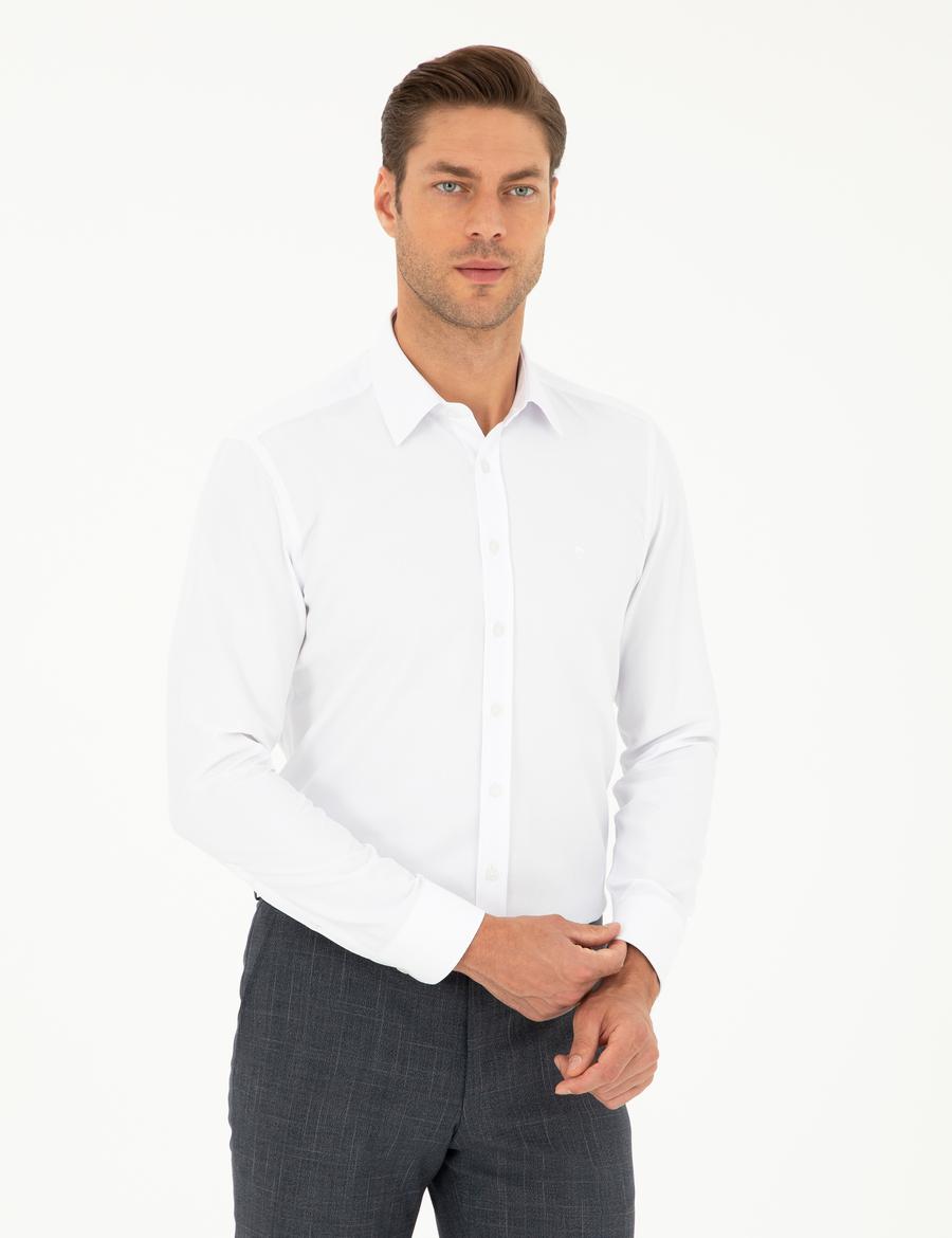 Beyaz Slim Fit Armürlü Uzun Kollu Gömlek
