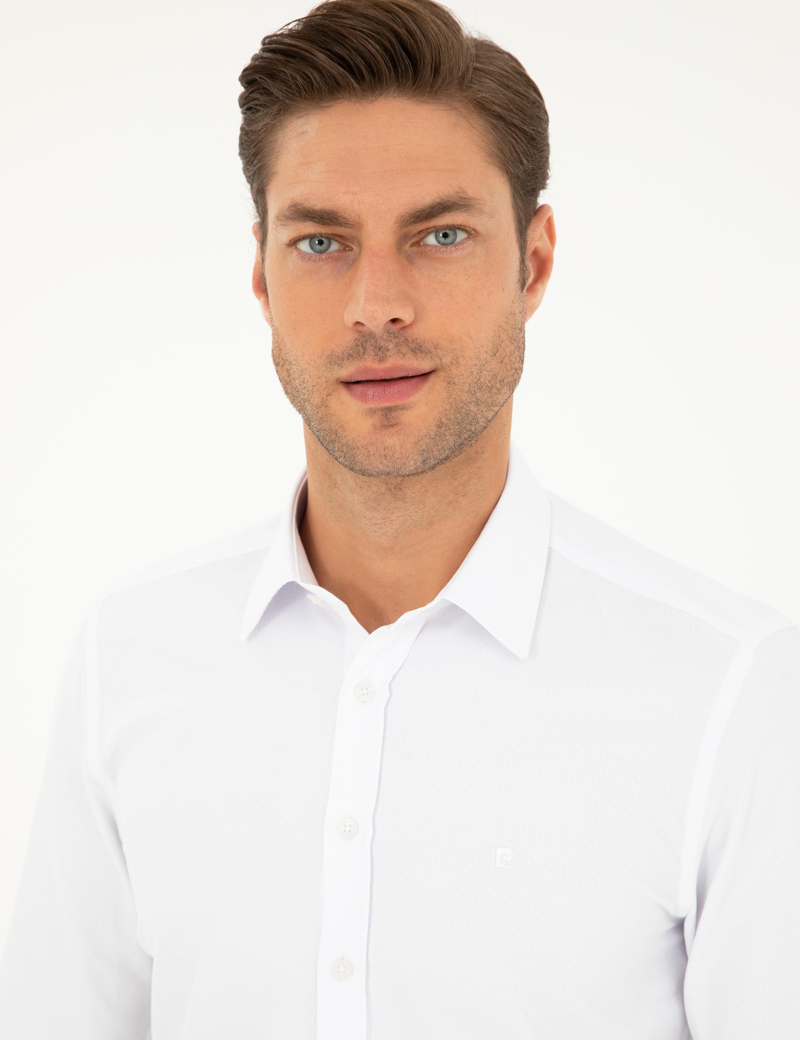 Beyaz Slim Fit Armürlü Uzun Kollu Gömlek