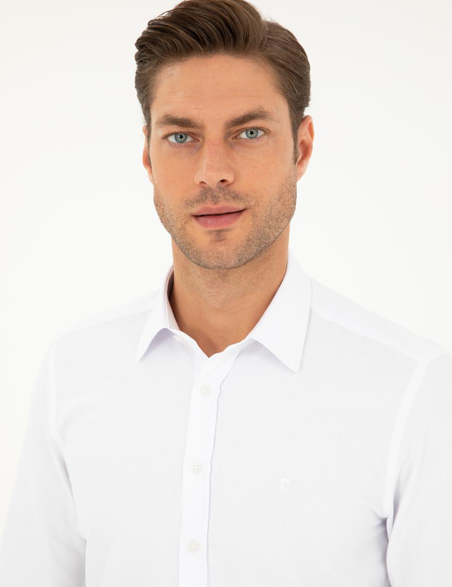 Beyaz Slim Fit Armürlü Uzun Kollu Gömlek