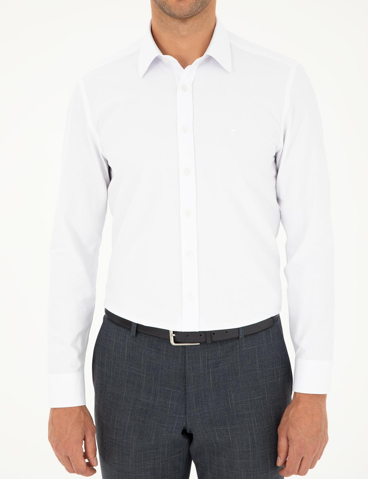 Beyaz Slim Fit Armürlü Uzun Kollu Gömlek - 50298054006