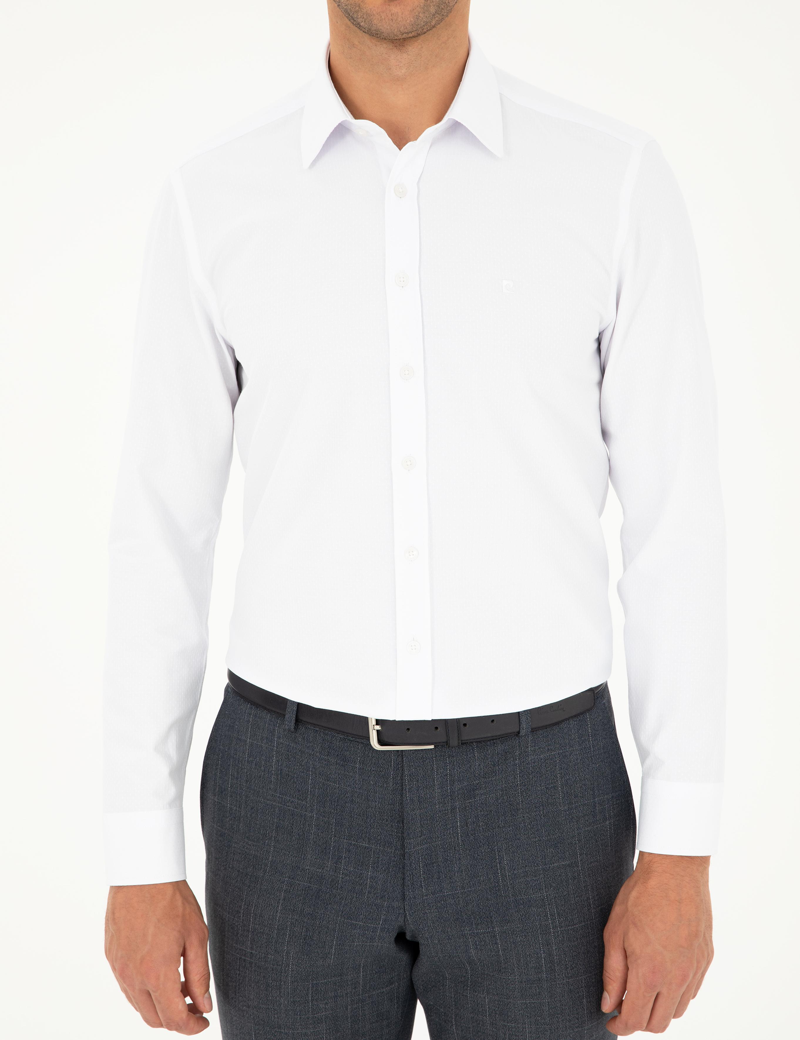 Beyaz Slim Fit Armürlü Uzun Kollu Gömlek